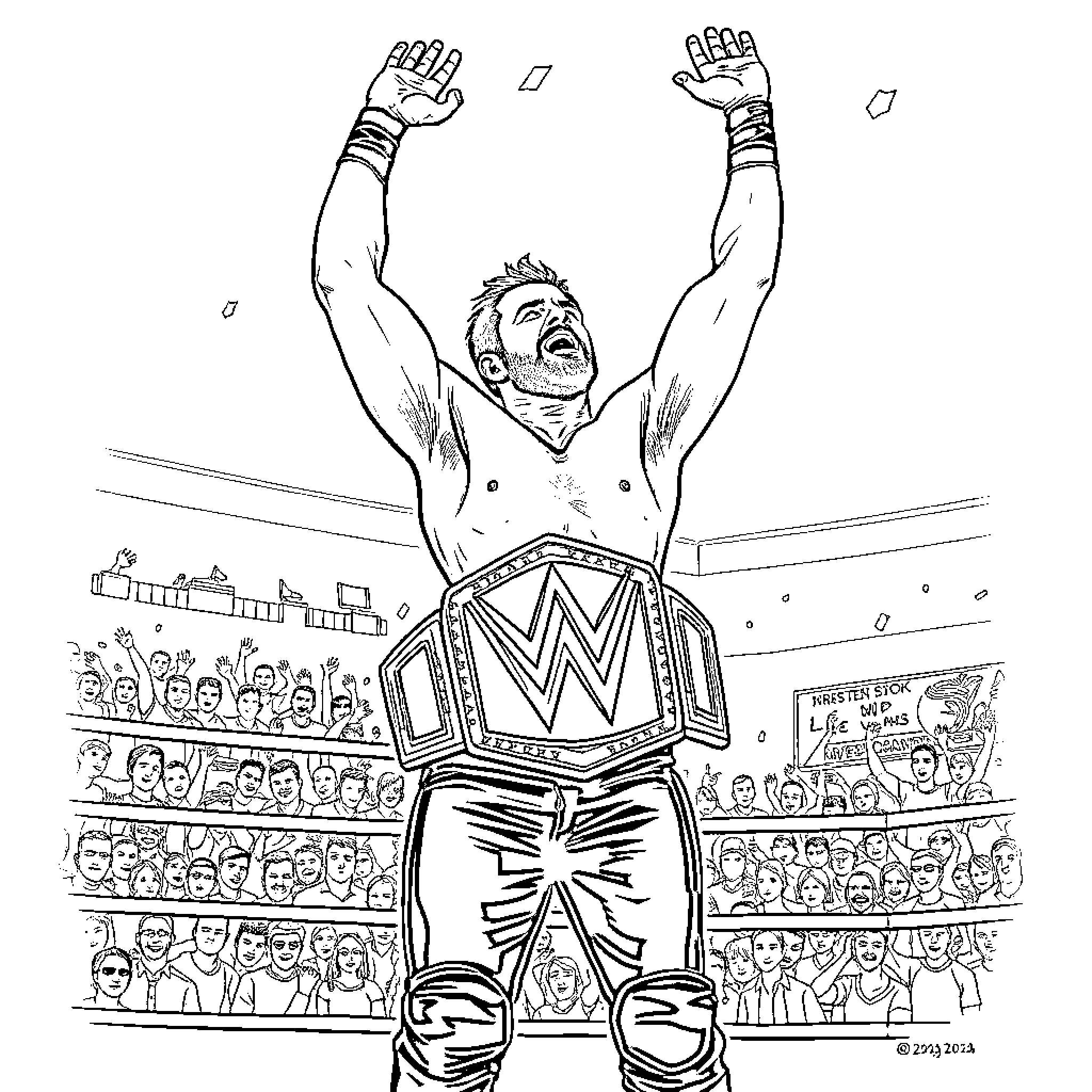 Cm Punk Celebrating Victory in the Wrestling Ring Coloring Page (free black-and-white line drawing printable PDF for all, from beginners to advanced learners, including children, teens, adults, and seniors)