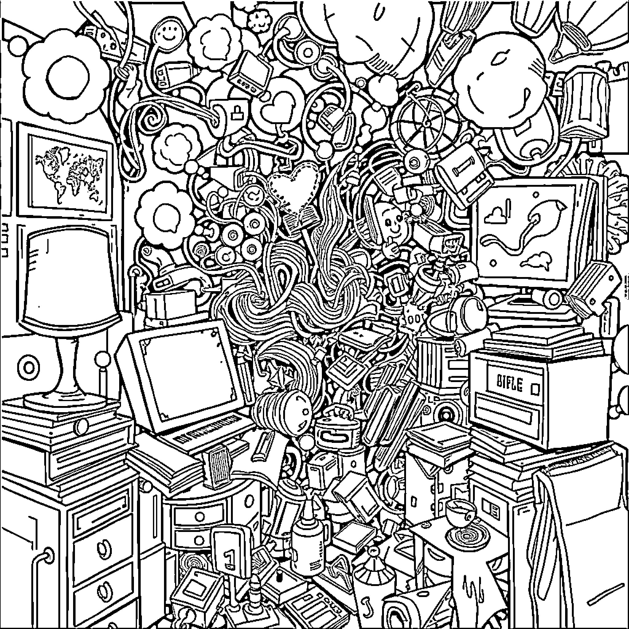 Brainrot: Chaotic Creativity Overload Coloring Page (free black-and-white line drawing printable PDF for all, from beginners to advanced learners, including children, teens, adults, and seniors)