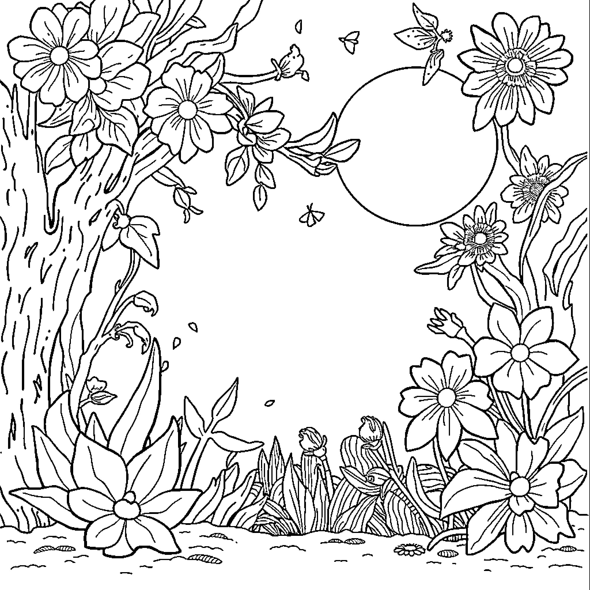 Book of Flowers and Nature Scenes Coloring Page (free black-and-white line drawing printable PDF for all, from beginners to advanced learners, including children, teens, adults, and seniors)