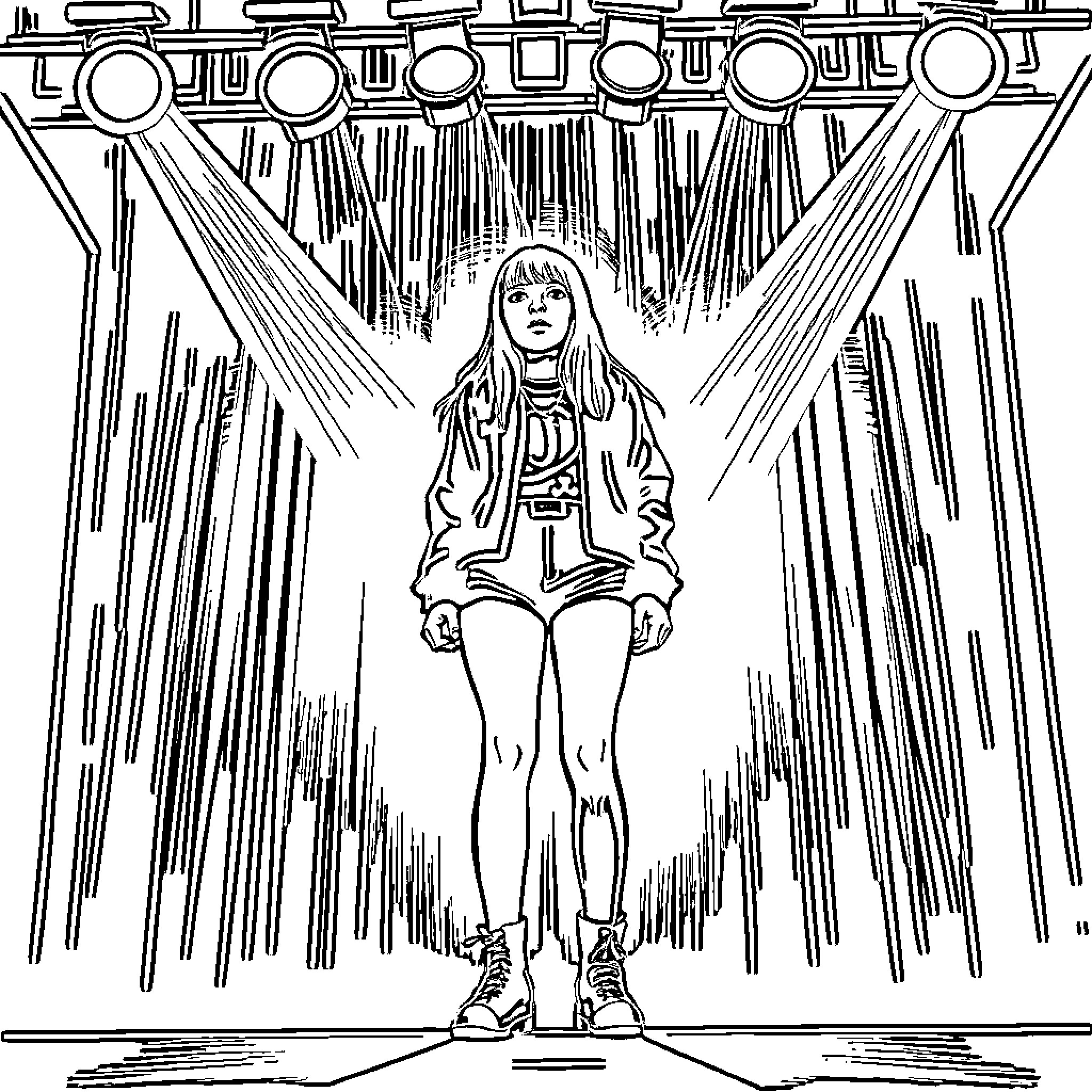 Billie Eilish in a dramatic, illuminated performance setting Coloring Page (free black-and-white line drawing printable PDF for all, from beginners to advanced learners, including children, teens, adults, and seniors)