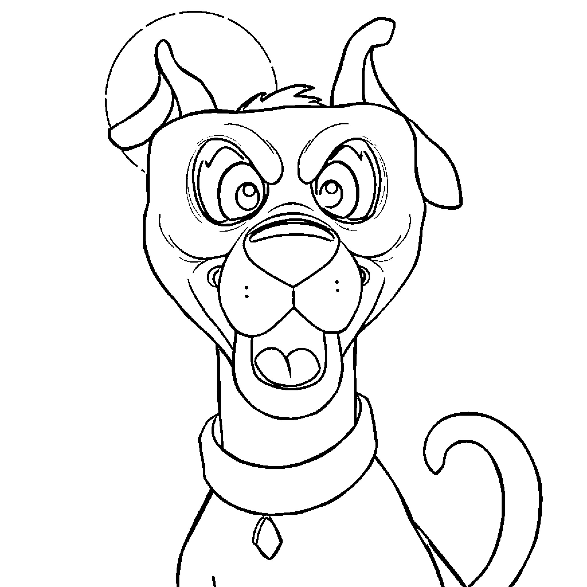 Scooby Doo's Goofy Grin and Exaggerated Features Coloring Page (free black-and-white line drawing printable PDF for all, from beginners to advanced learners, including children, teens, adults, and seniors)