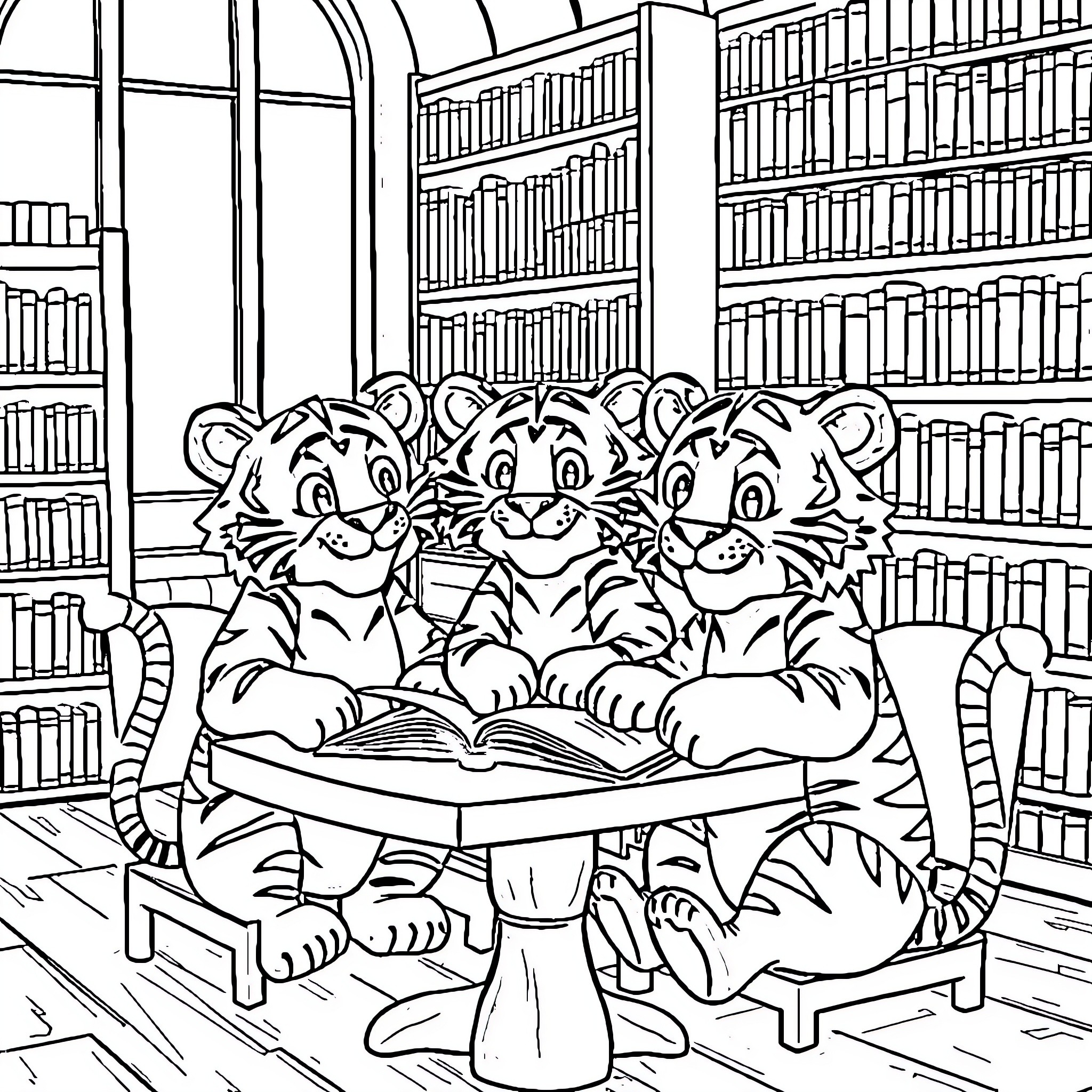 Tiger cubs studying diligently in the library Coloring Page (free black-and-white line drawing printable PDF for all, from beginners to advanced learners, including children, teens, adults, and seniors)