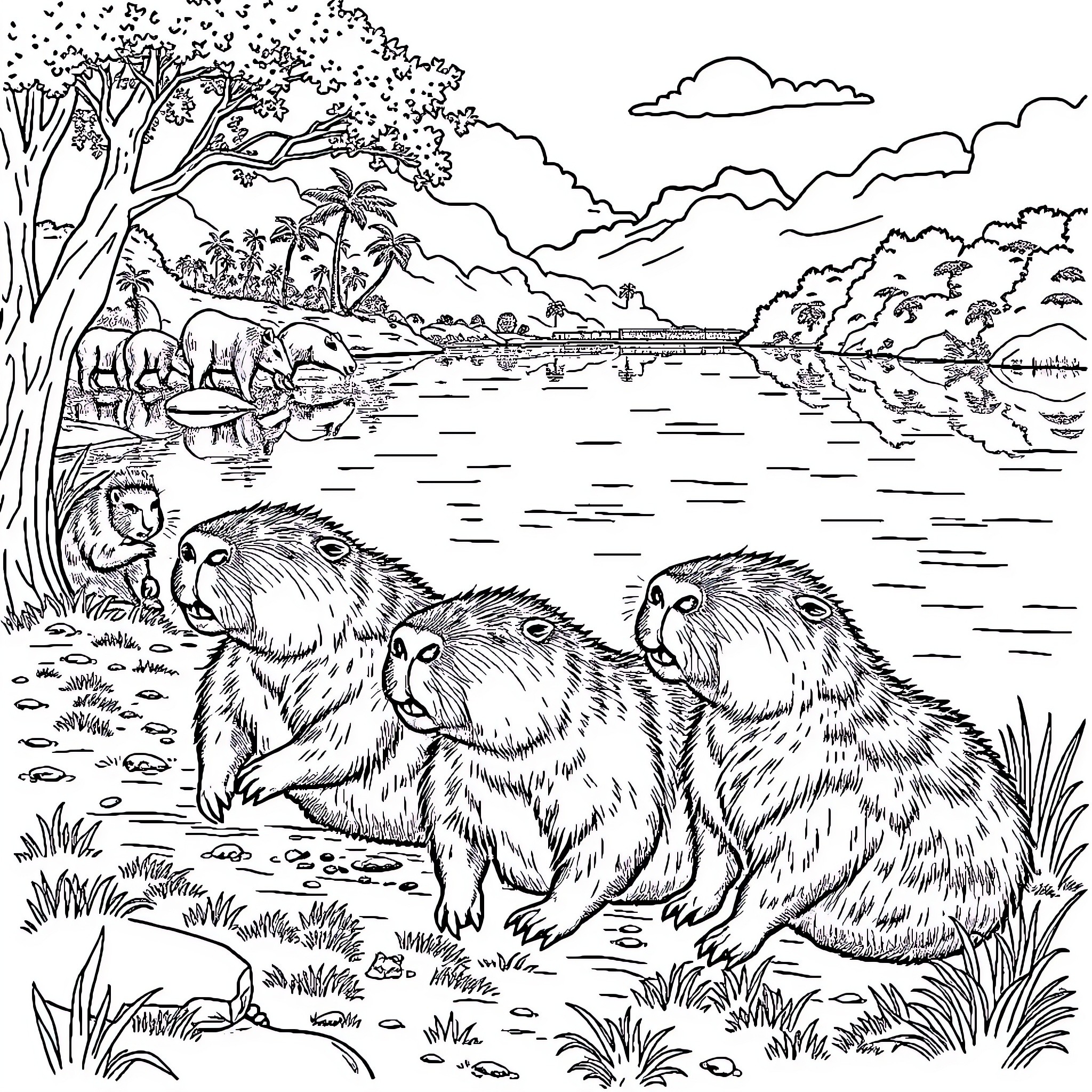 Capybara enjoying a peaceful riverside scene Coloring Page (free black-and-white line drawing printable PDF for all, from beginners to advanced learners, including children, teens, adults, and seniors)