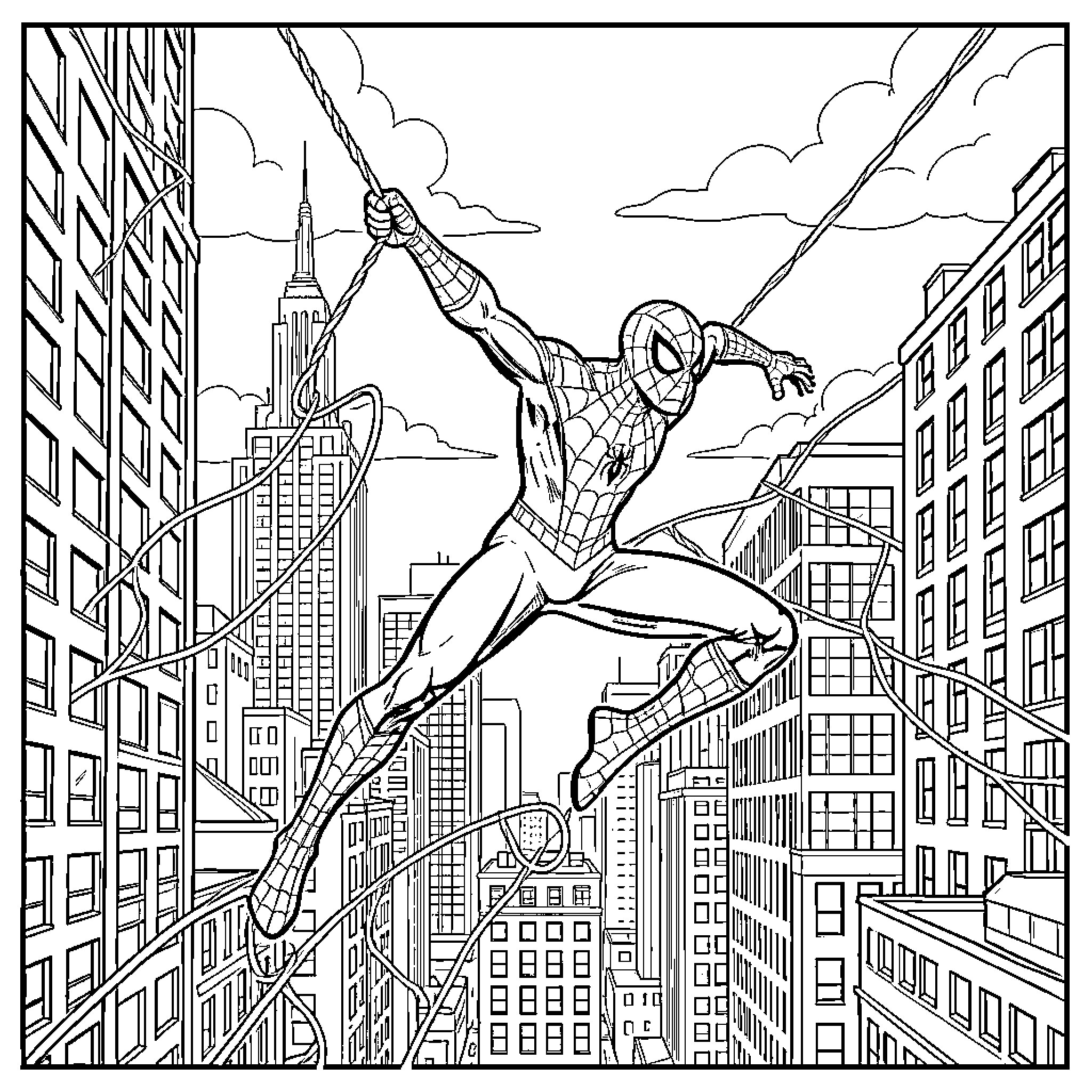 Spiderman swinging through a city of tall skyscrapers Coloring Page (free black-and-white line drawing printable PDF for all, from beginners to advanced learners, including children, teens, adults, and seniors)