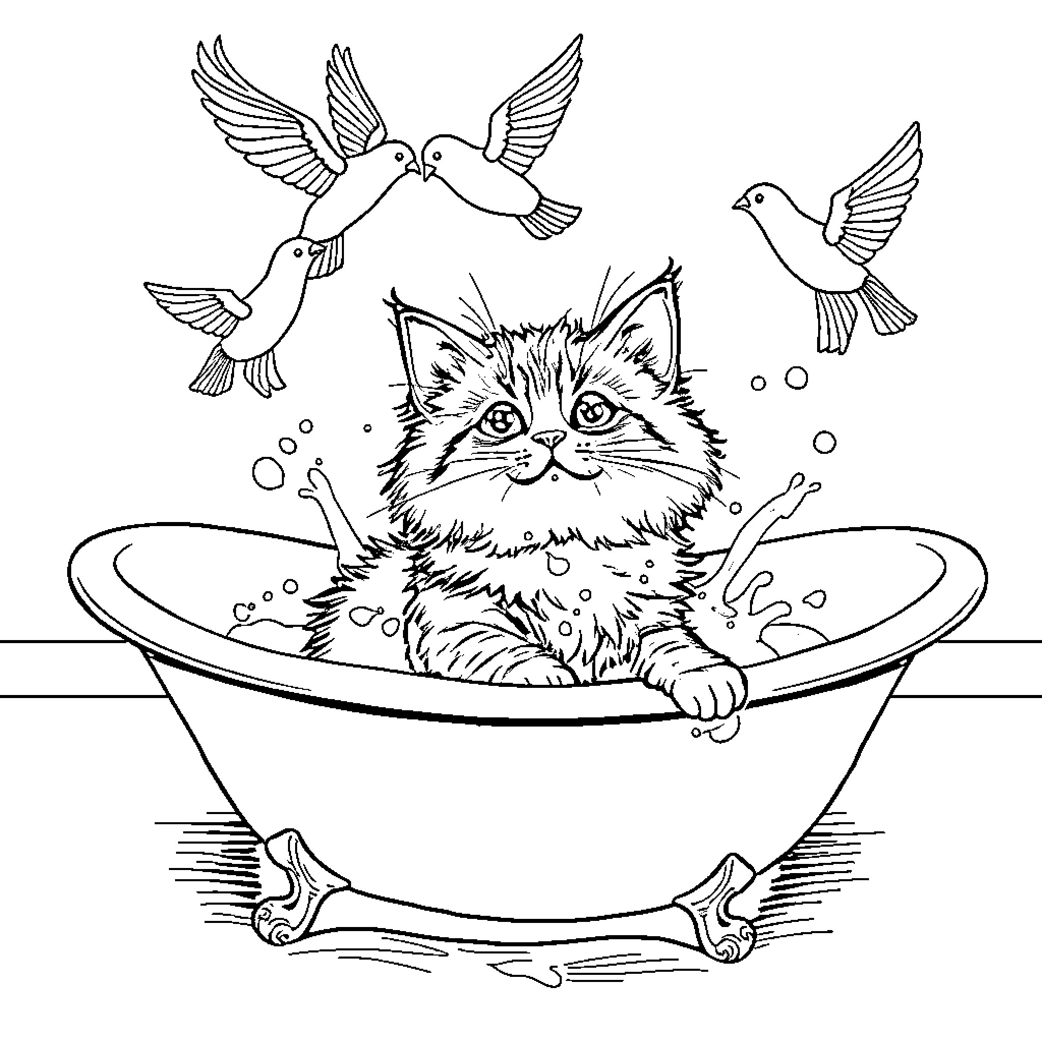 Cat enjoying a relaxing bath with hummingbirds Coloring Page (free black-and-white line drawing printable PDF for all, from beginners to advanced learners, including children, teens, adults, and seniors)