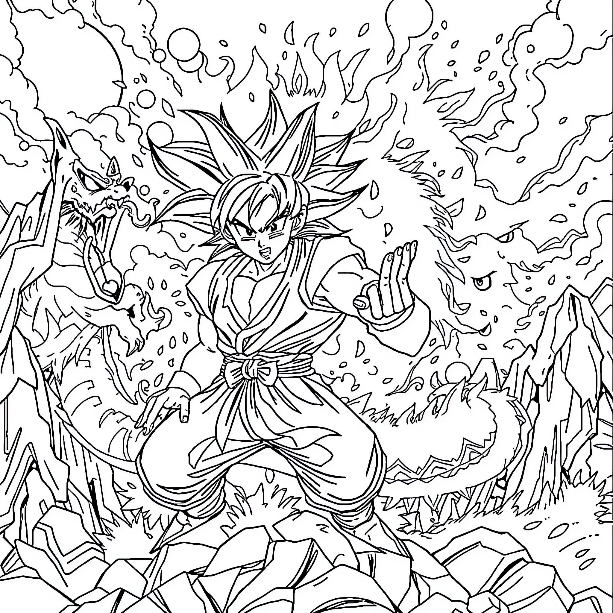Dragon Ball Warrior Unleashing Powerful Energy Attack Coloring Page (free black-and-white line drawing printable PDF for all, from beginners to advanced learners, including children, teens, adults, and seniors)