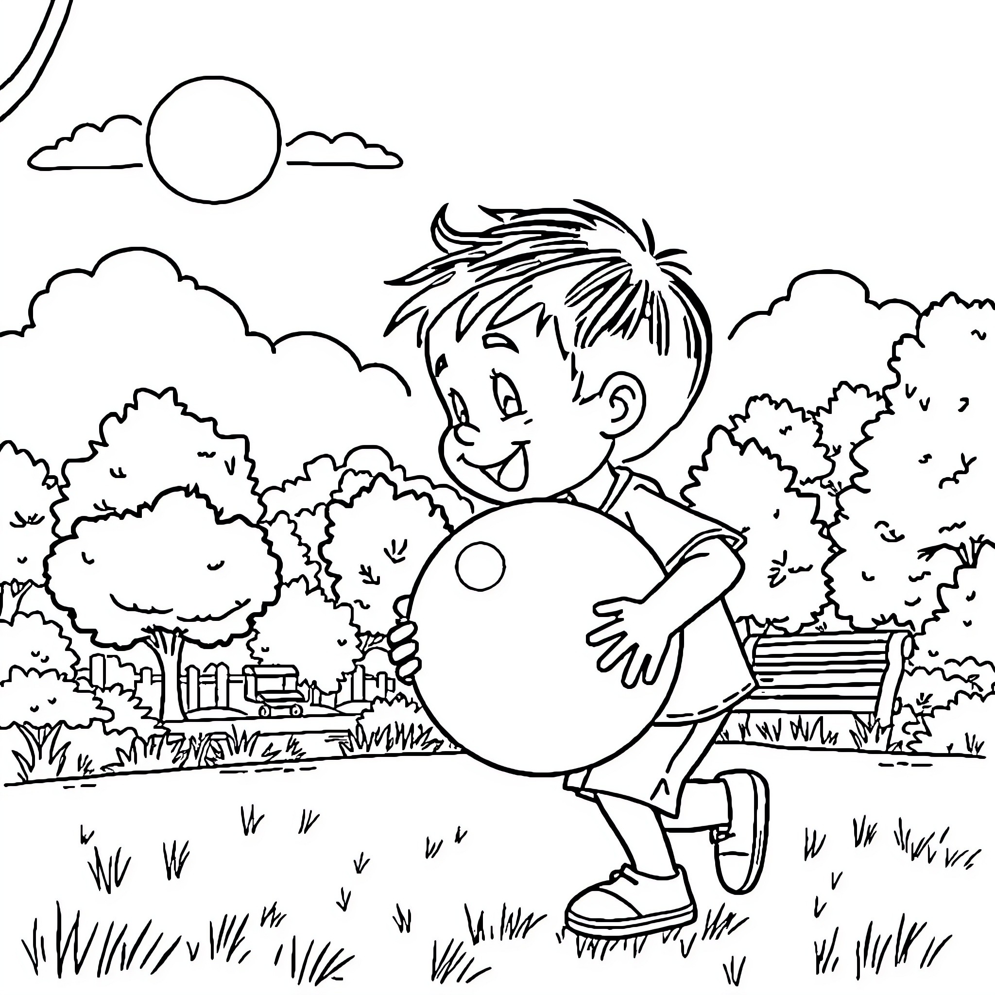Boy happily playing with a large ball in the park Coloring Page (free black-and-white line drawing printable PDF for all, from beginners to advanced learners, including children, teens, adults, and seniors)