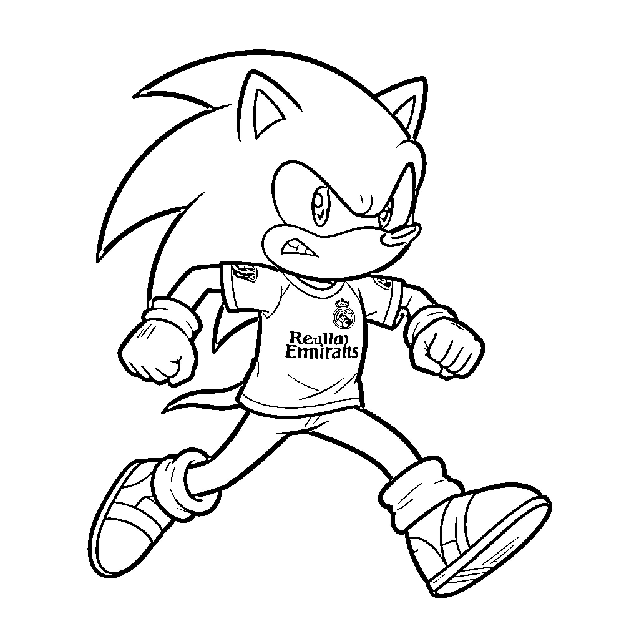 Sonic running with a determined expression in a jersey Coloring Page (free black-and-white line drawing printable PDF for all, from beginners to advanced learners, including children, teens, adults, and seniors)