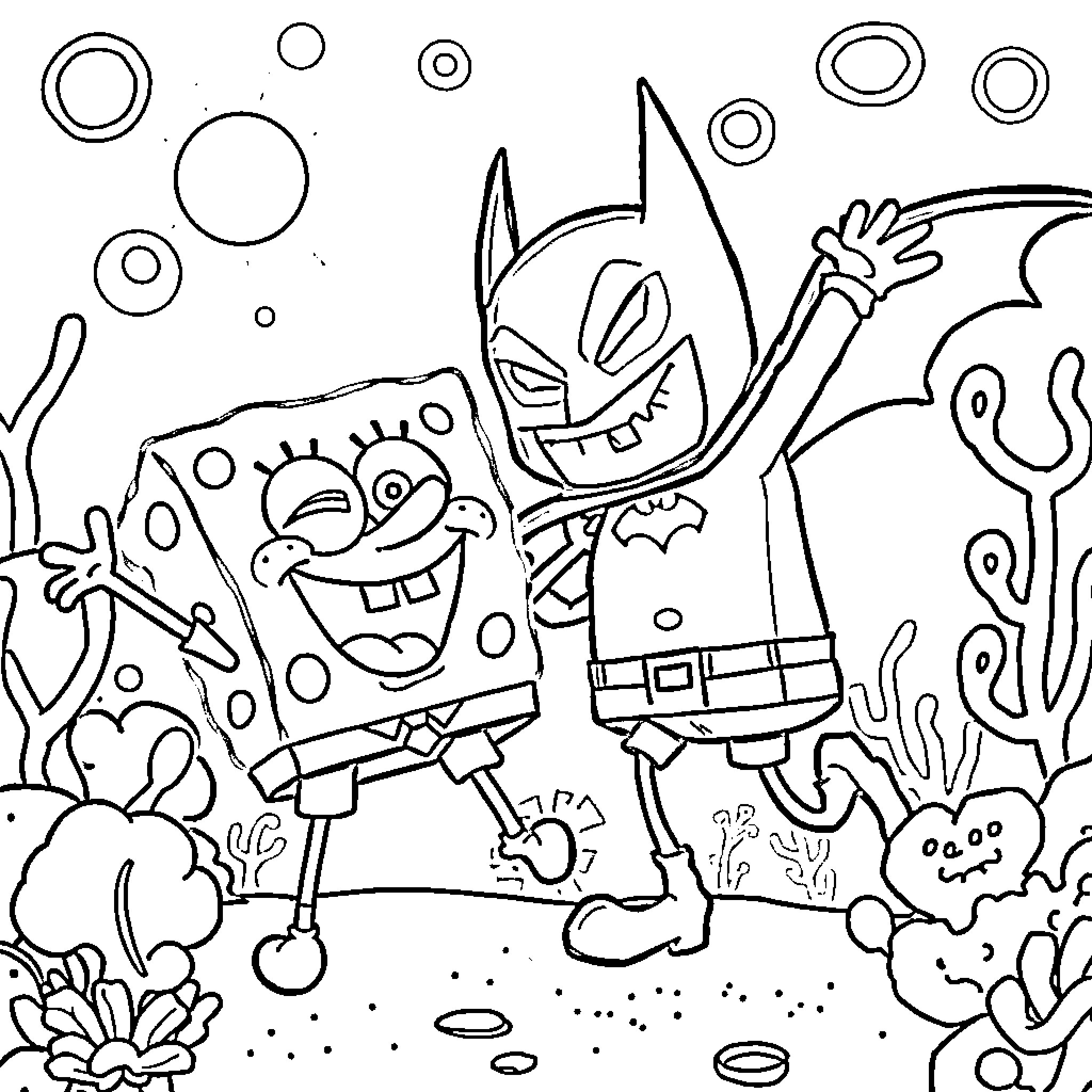 Spongebob and Batman Playing in Colorful Underwater Scene Coloring Page (free black-and-white line drawing printable PDF for all, from beginners to advanced learners, including children, teens, adults, and seniors)