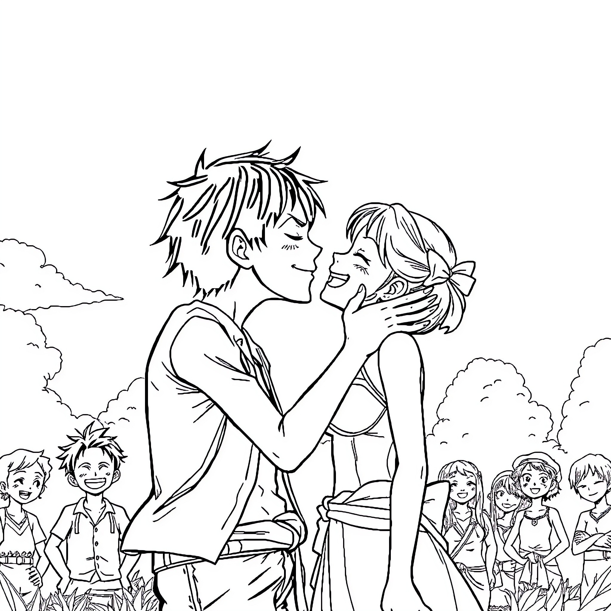 Monkey D Luffy's affectionate embrace with a loved one Coloring Page (free black-and-white line drawing printable PDF for all, from beginners to advanced learners, including children, teens, adults, and seniors)