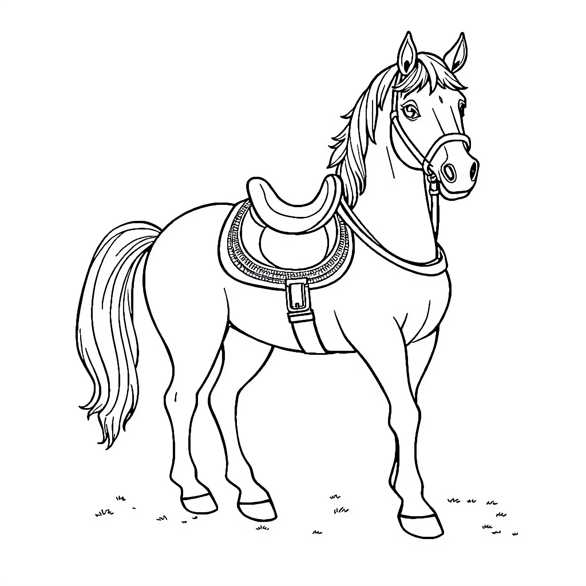Horse in Ornate Saddle Standing Calmly Coloring Page (free black-and-white line drawing printable PDF for all, from beginners to advanced learners, including children, teens, adults, and seniors)