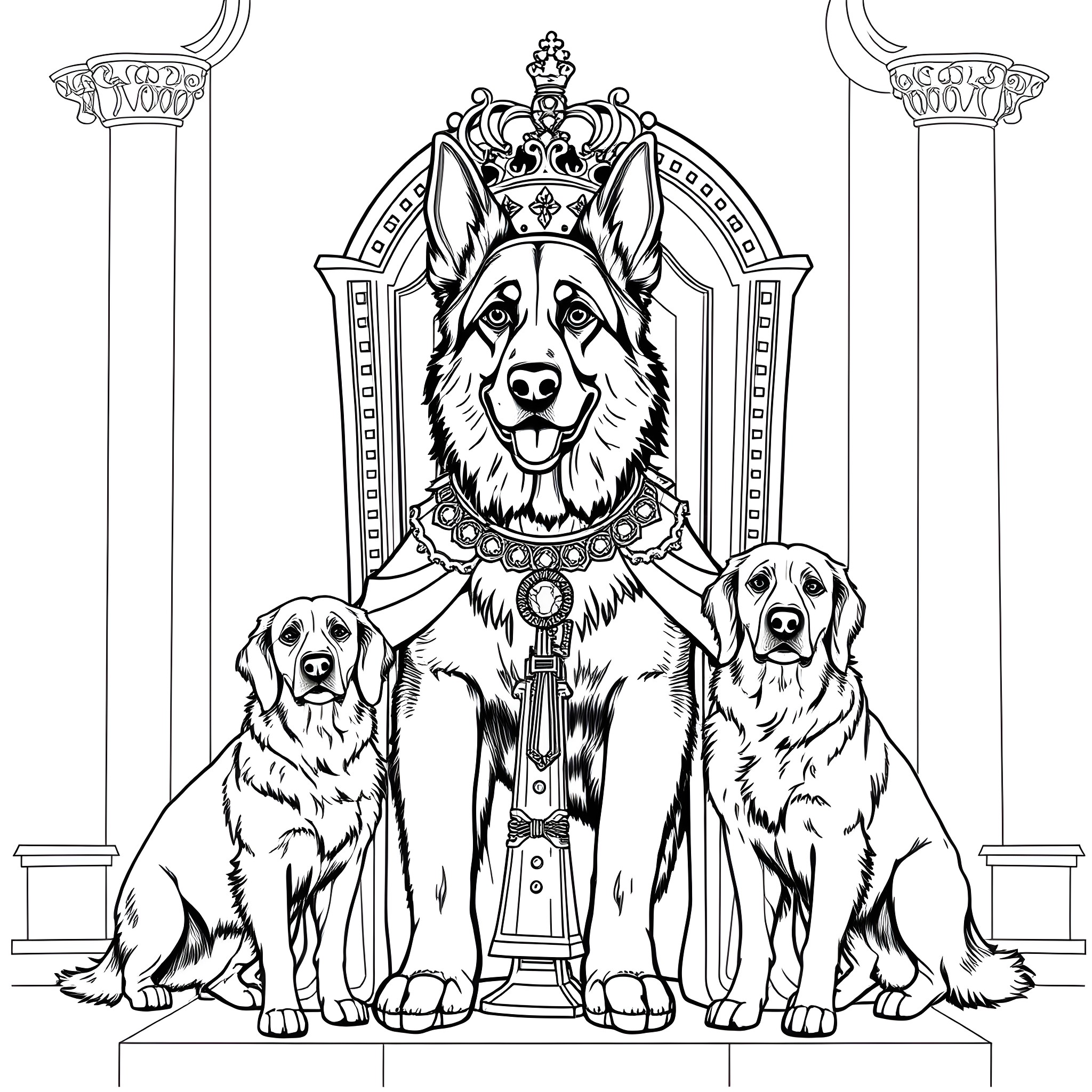 German Shepherd Royal Family Regal Pose Coloring Page (free black-and-white line drawing printable PDF for all, from beginners to advanced learners, including children, teens, adults, and seniors)