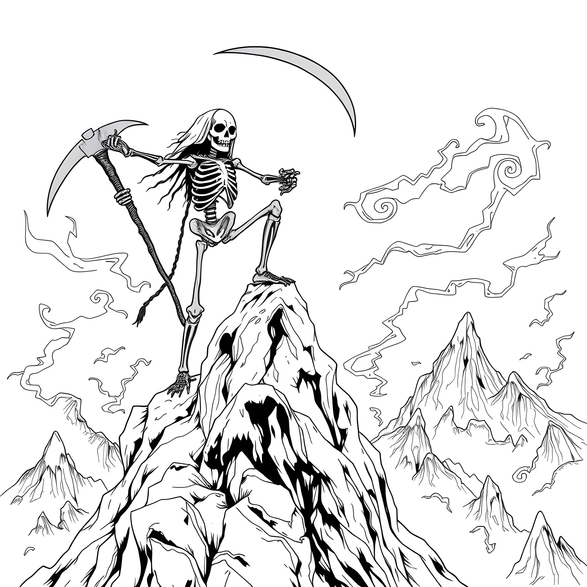 Skeleton standing atop a mountain with a scythe Coloring Page (free black-and-white line drawing printable PDF for all, from beginners to advanced learners, including children, teens, adults, and seniors)
