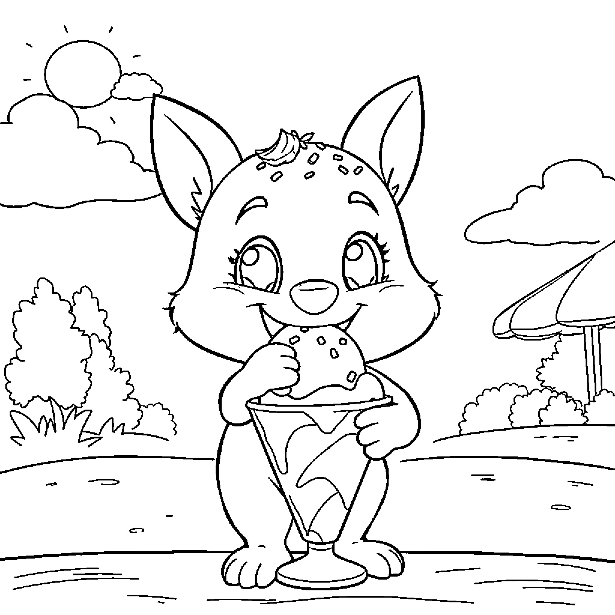 Bluey enjoying a sunny day in the park Coloring Page (free black-and-white line drawing printable PDF for all, from beginners to advanced learners, including children, teens, adults, and seniors)