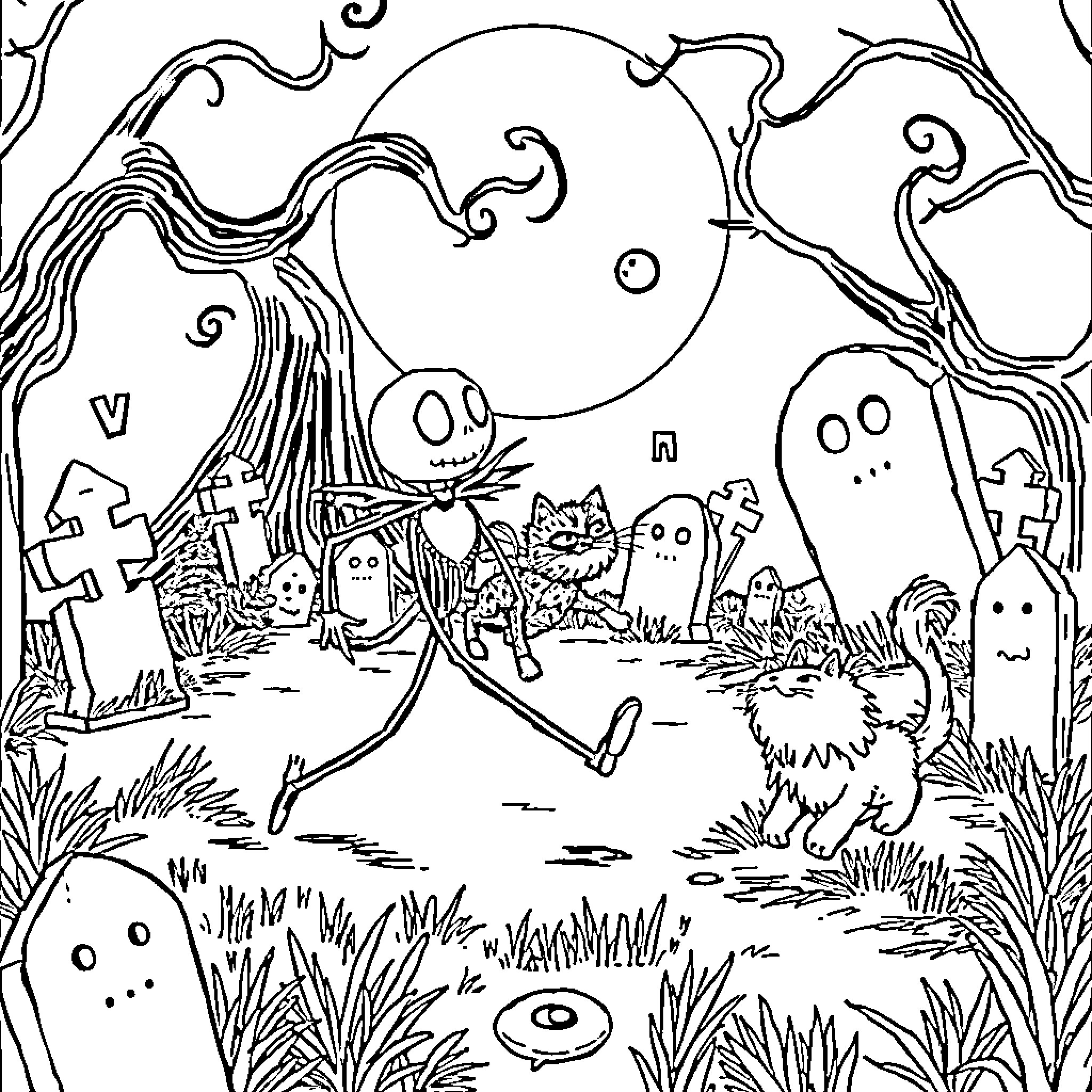 Zero Halloween Spooky Scene with Ghosts and Cats Coloring Page (free black-and-white line drawing printable PDF for all, from beginners to advanced learners, including children, teens, adults, and seniors)