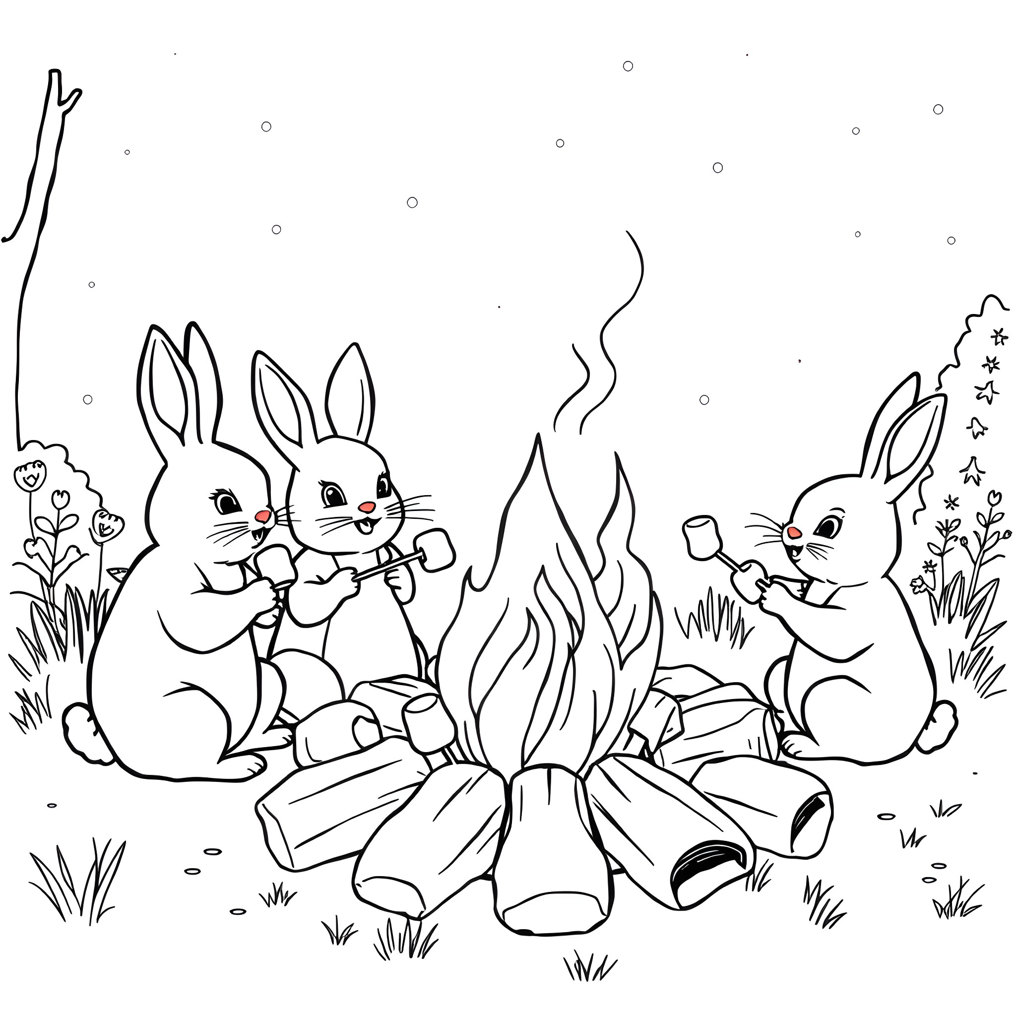 Rabbits Enjoying a Campfire in the Wilderness Coloring Page (free black-and-white line drawing printable PDF for all, from beginners to advanced learners, including children, teens, adults, and seniors)