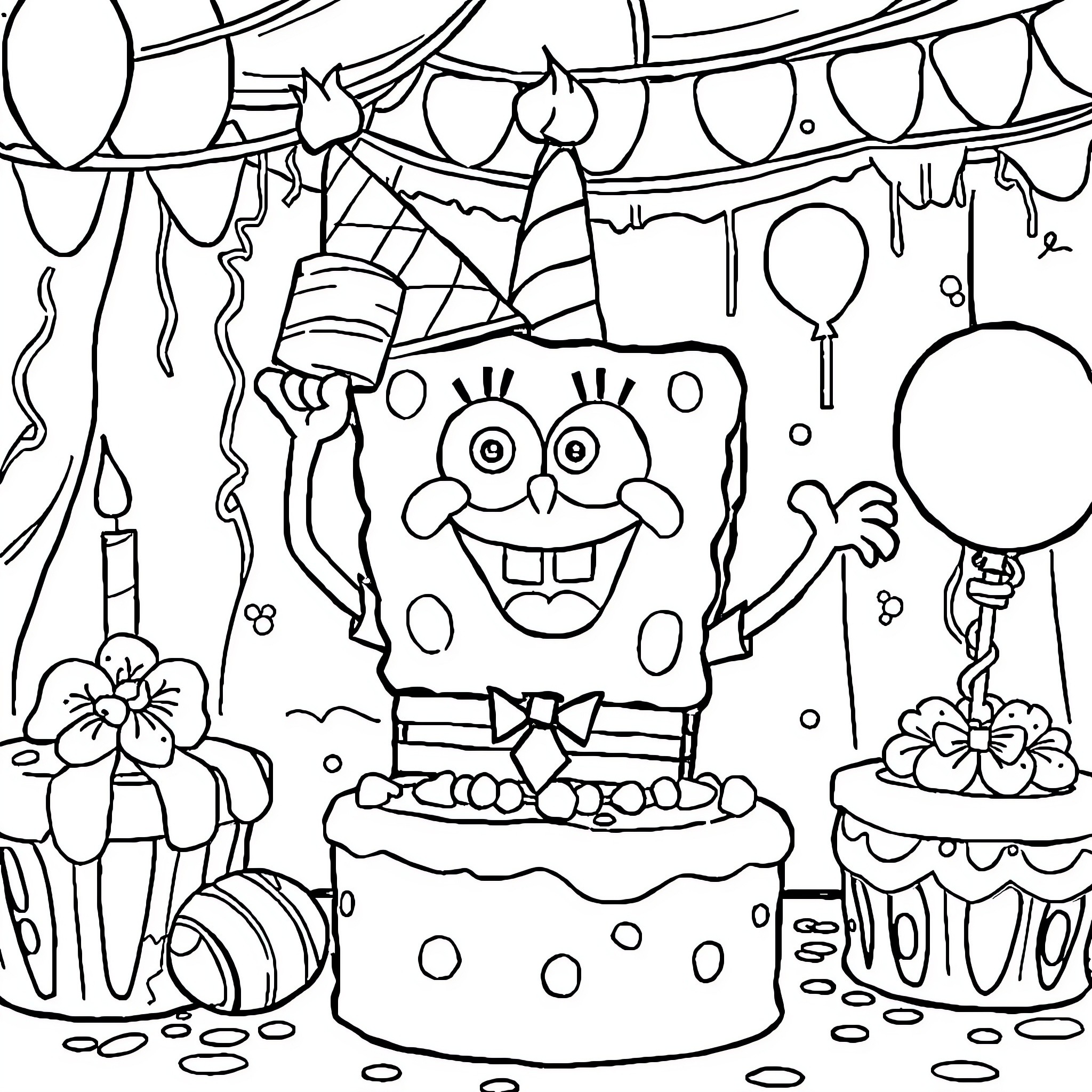 Bob esponja celebrating birthday party with decorations Coloring Page (free black-and-white line drawing printable PDF for all, from beginners to advanced learners, including children, teens, adults, and seniors)