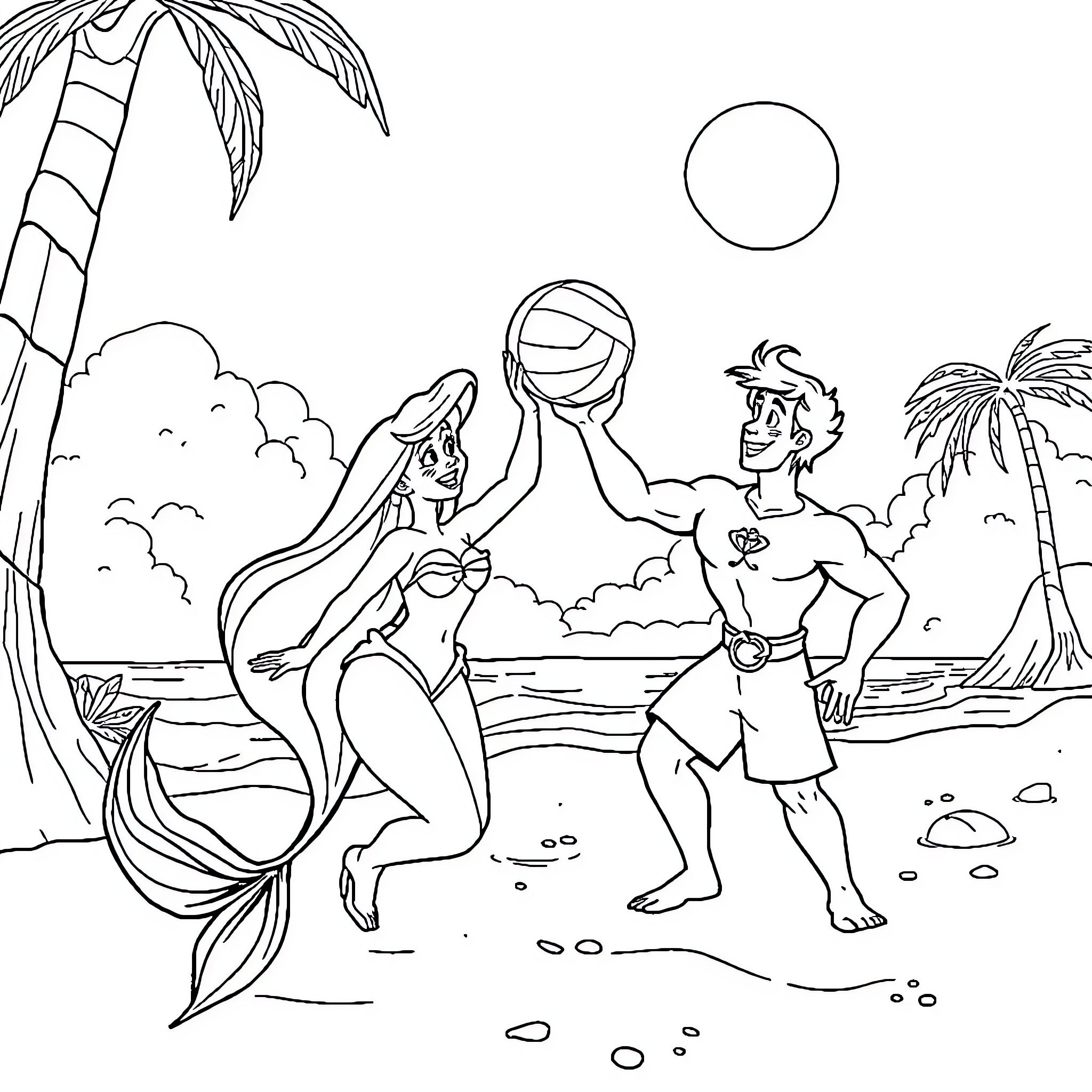 Ariel and Prince Eric playing on the beach Coloring Page (free black-and-white line drawing printable PDF for all, from beginners to advanced learners, including children, teens, adults, and seniors)