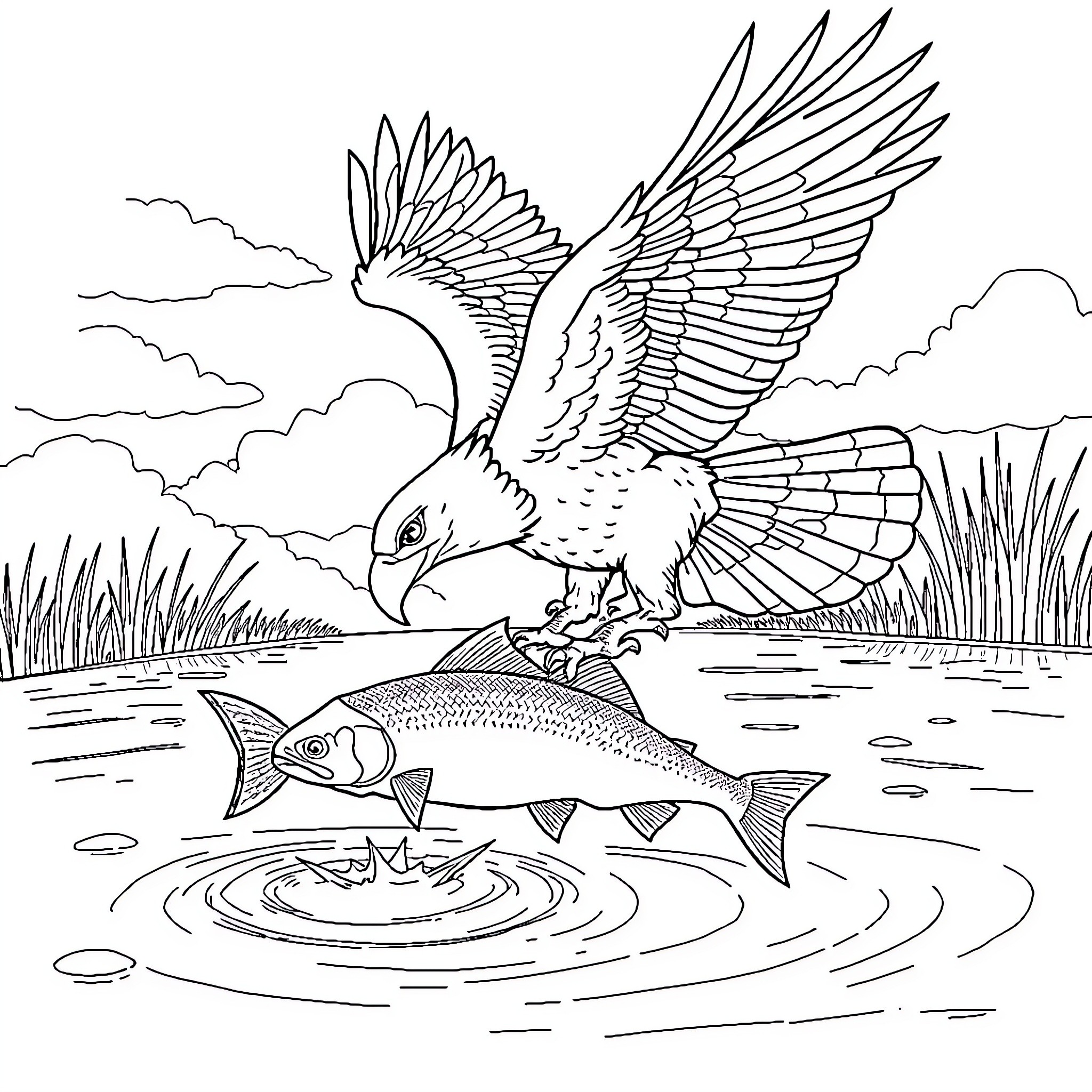 Eagle swooping down to catch fish in the lake Coloring Page (free black-and-white line drawing printable PDF for all, from beginners to advanced learners, including children, teens, adults, and seniors)