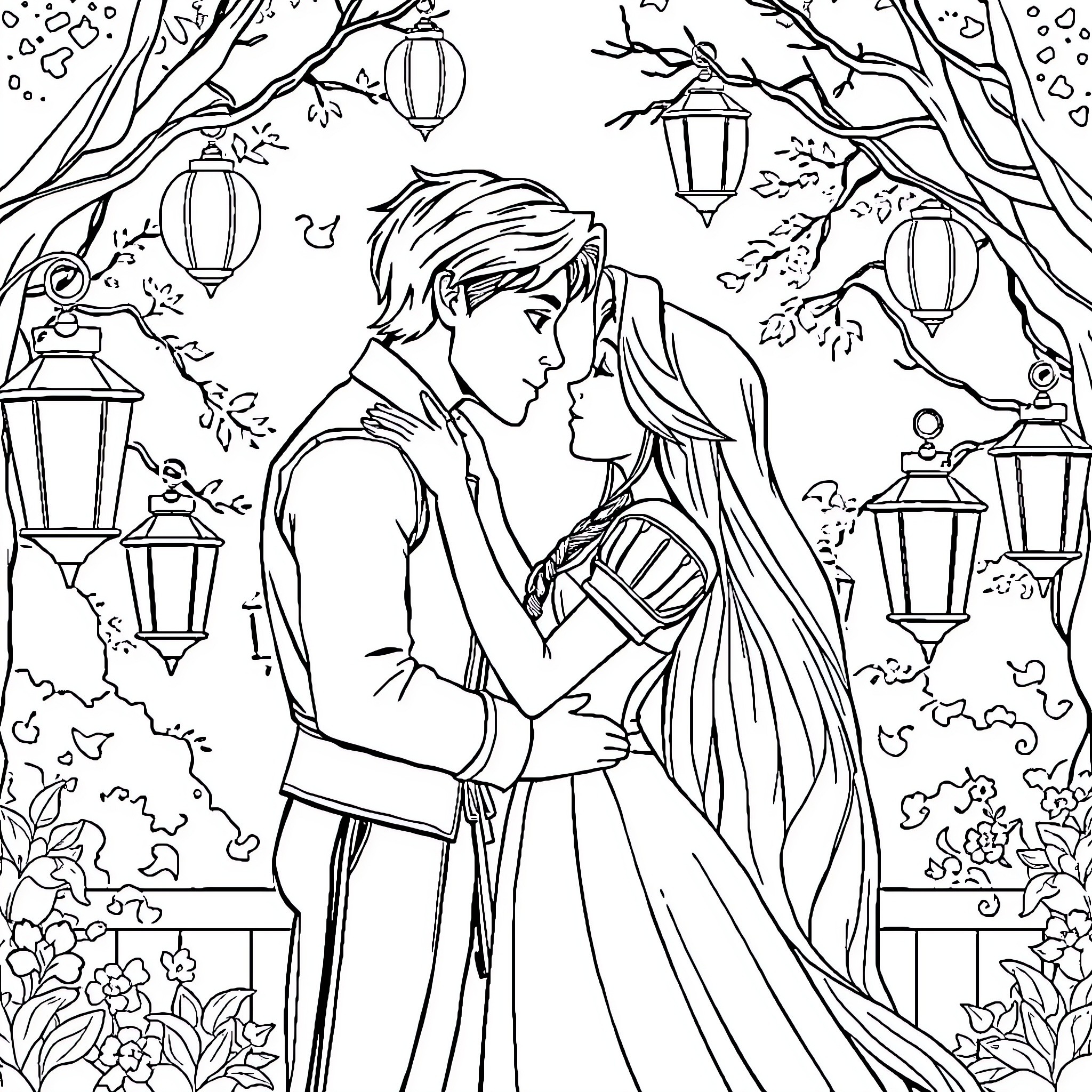 Rapunzel's romantic encounter in a magical forest Coloring Page (free black-and-white line drawing printable PDF for all, from beginners to advanced learners, including children, teens, adults, and seniors)