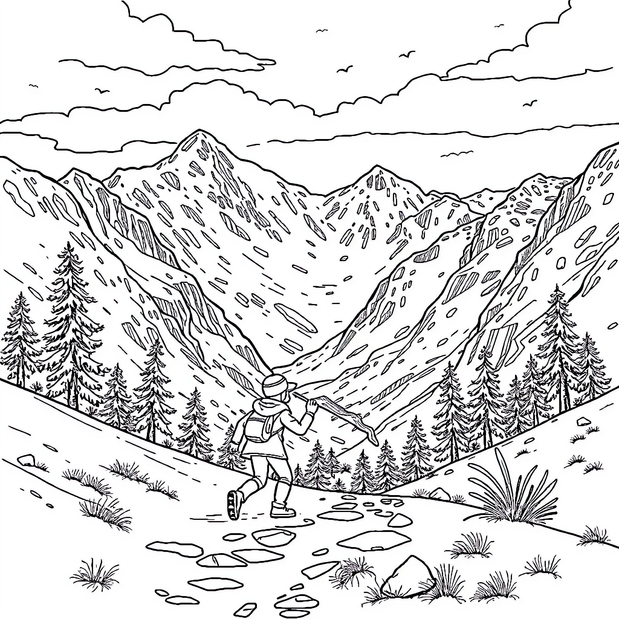 Frozen winter landscape with mountaineer hiking Coloring Page (free black-and-white line drawing printable PDF for all, from beginners to advanced learners, including children, teens, adults, and seniors)