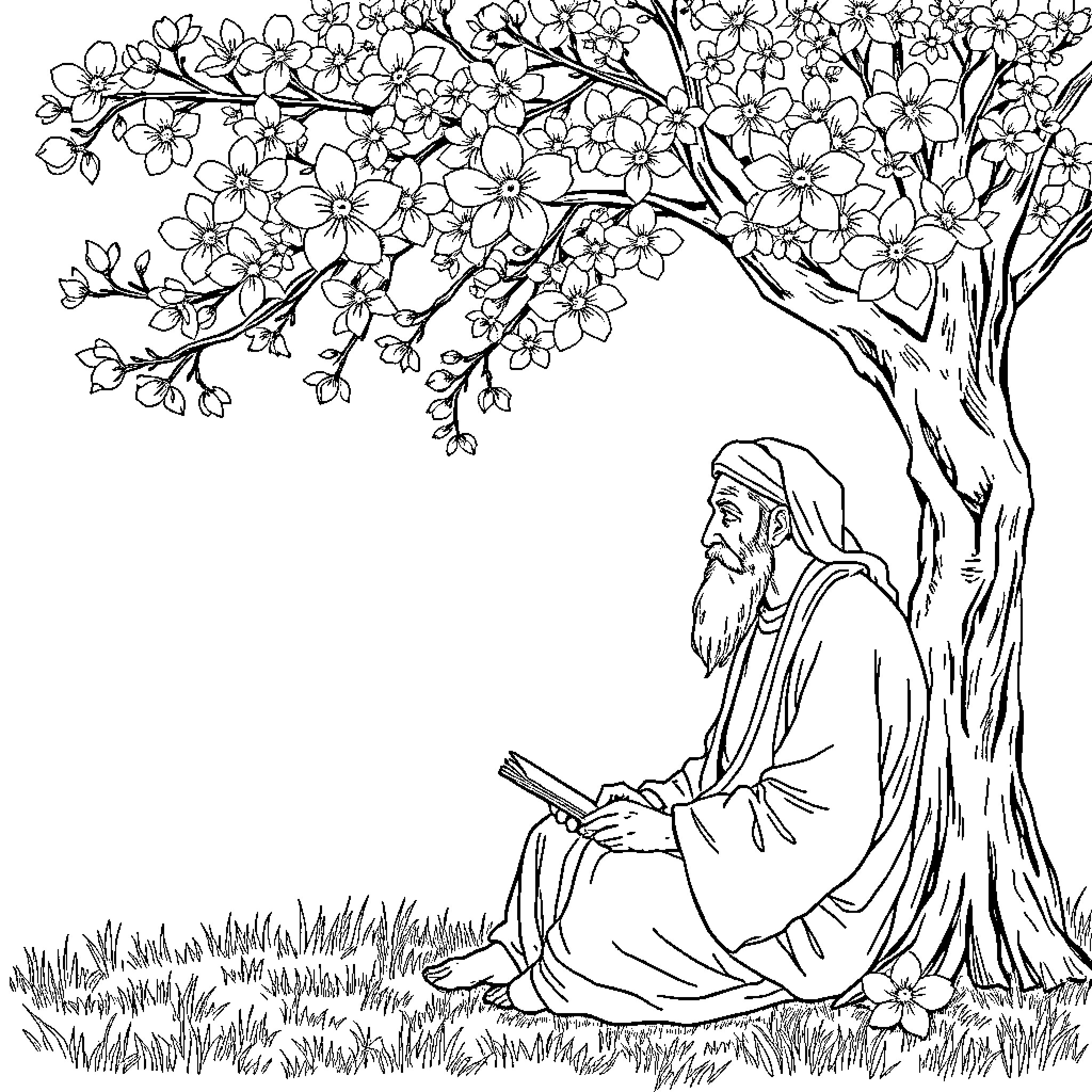 Rumi contemplating under the blossoming tree Coloring Page (free black-and-white line drawing printable PDF for all, from beginners to advanced learners, including children, teens, adults, and seniors)
