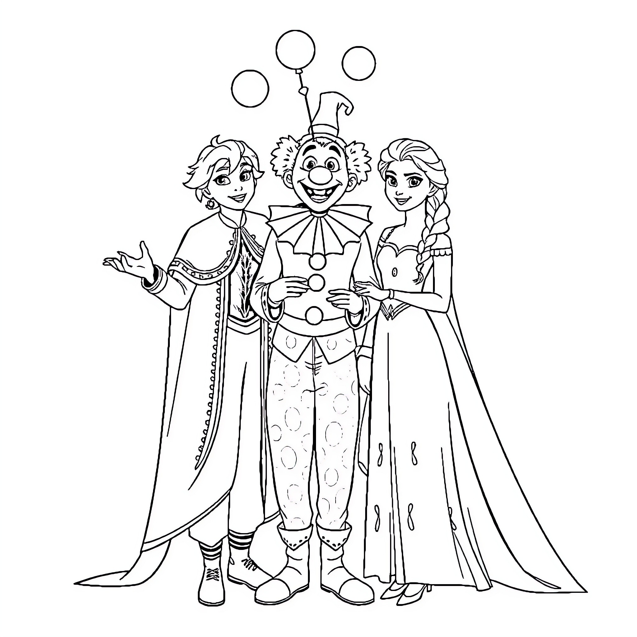 Elsa and Friends Celebrating with a Clown Coloring Page (free black-and-white line drawing printable PDF for all, from beginners to advanced learners, including children, teens, adults, and seniors)