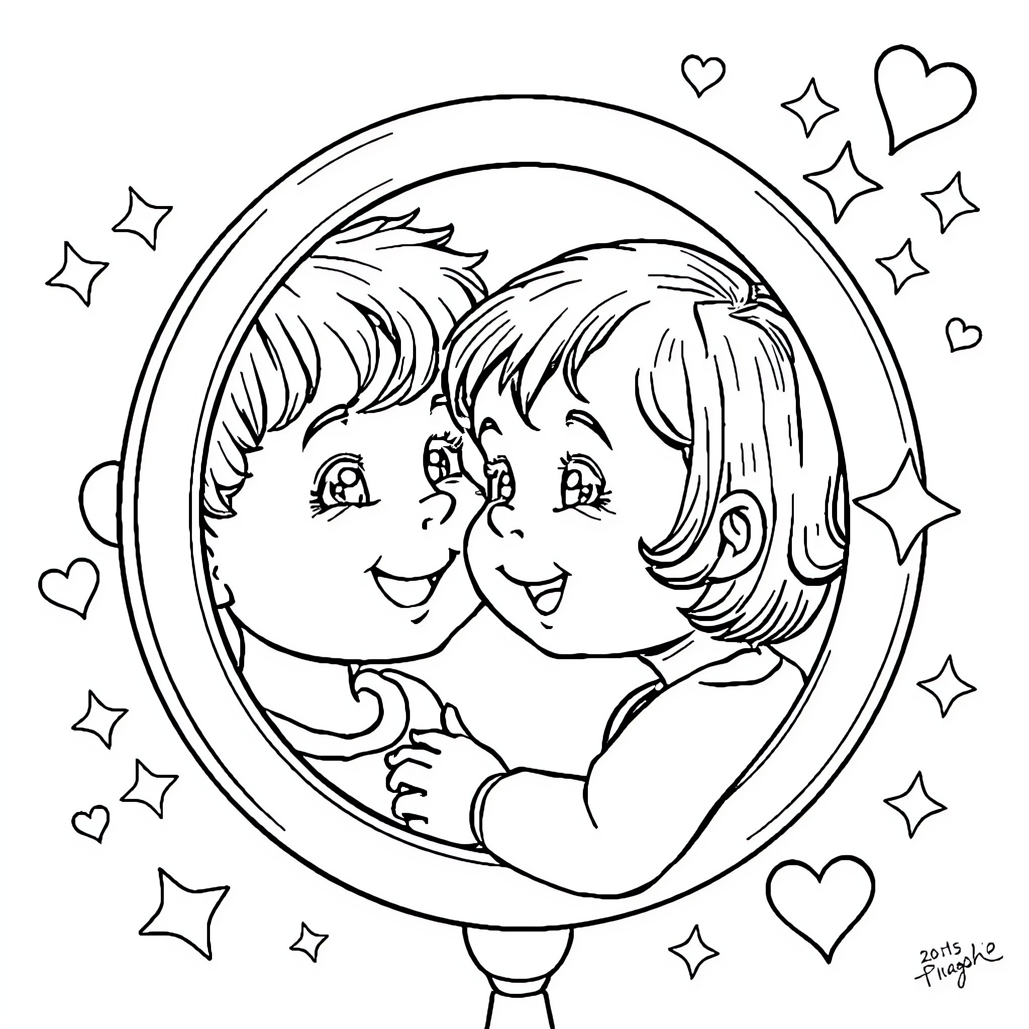 Child gazing at friends in a heart-shaped frame Coloring Page (free black-and-white line drawing printable PDF for all, from beginners to advanced learners, including children, teens, adults, and seniors)