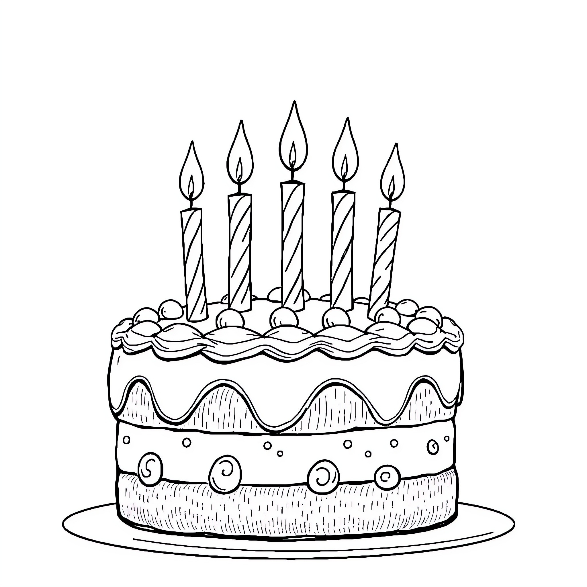 Cake with Lit Candles on a Festive Platter Coloring Page (free black-and-white line drawing printable PDF for all, from beginners to advanced learners, including children, teens, adults, and seniors)
