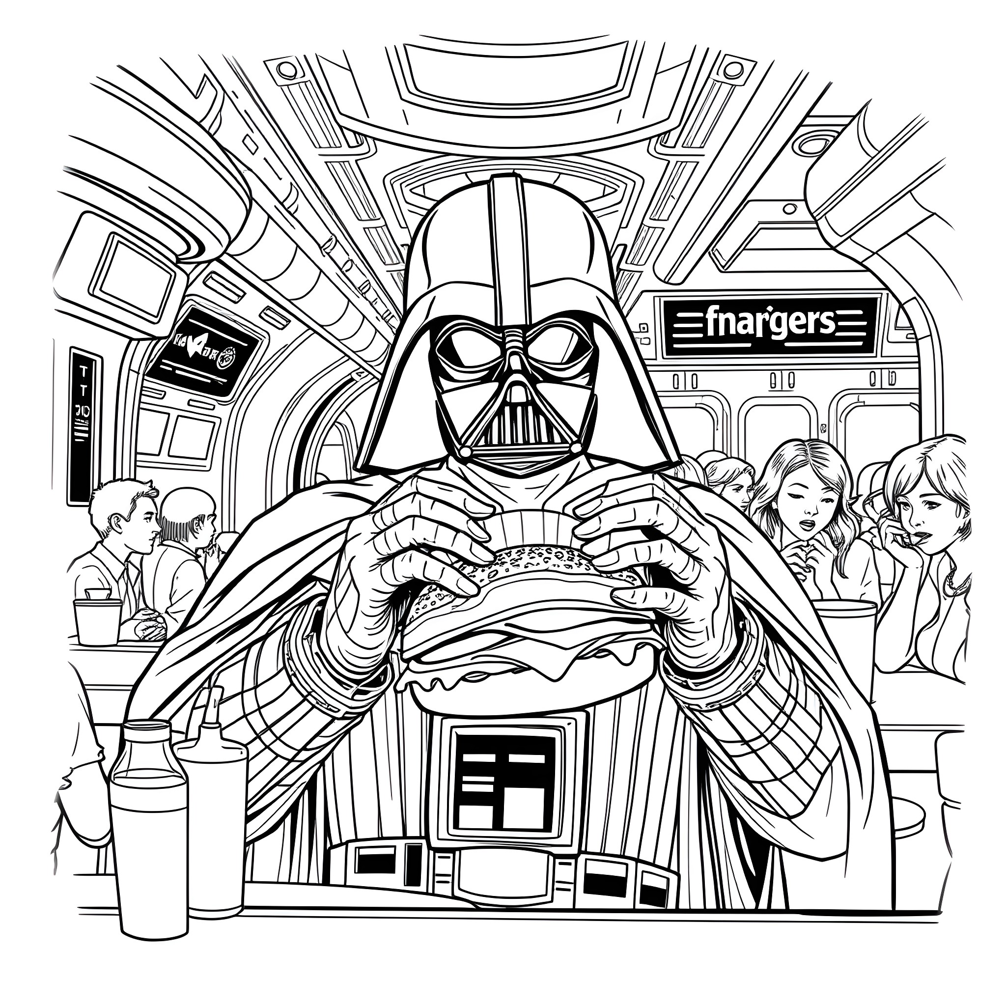 Darth Vader enjoying a burger in the diner Coloring Page (free black-and-white line drawing printable PDF for all, from beginners to advanced learners, including children, teens, adults, and seniors)
