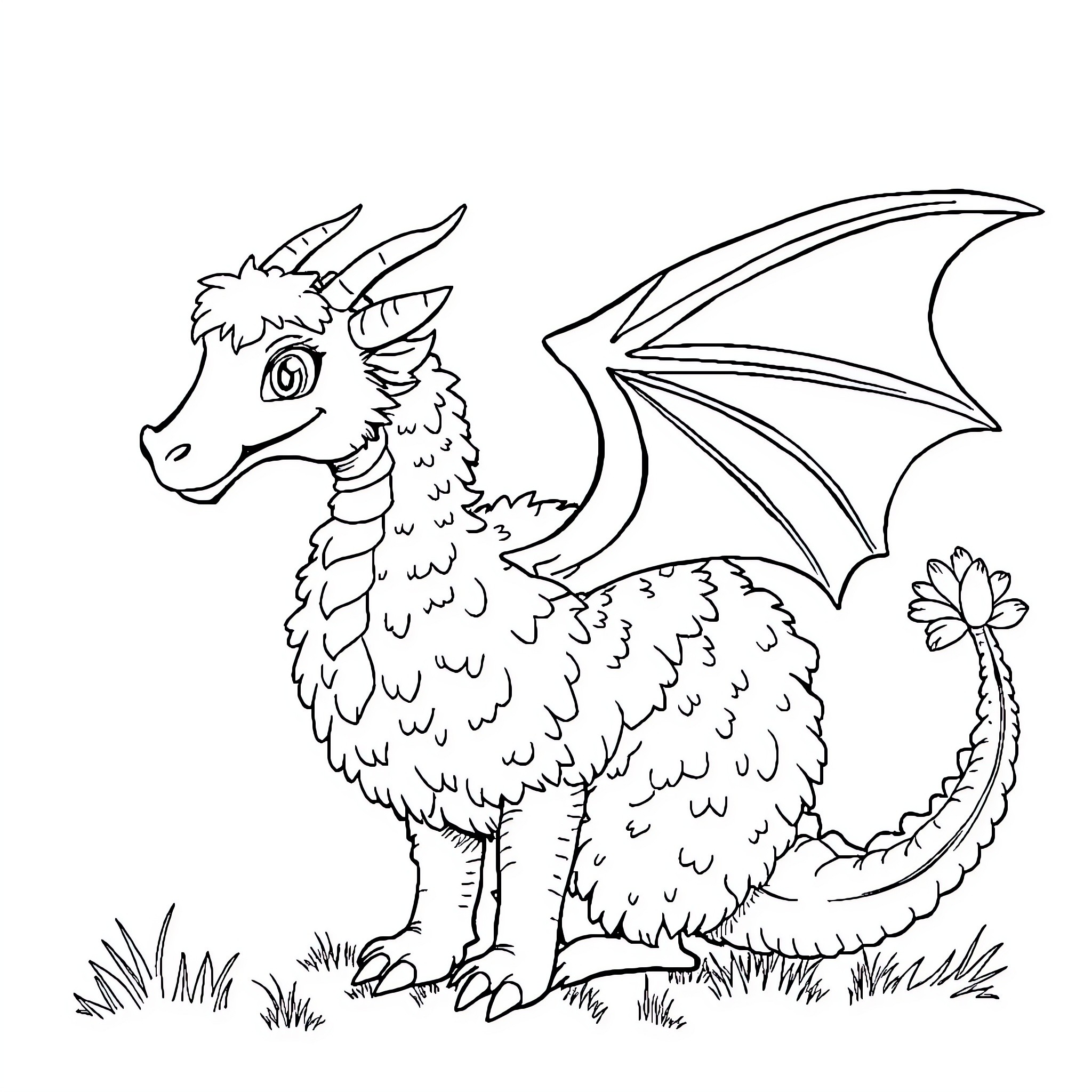 Dragon with furry body and wings standing on grass Coloring Page (free black-and-white line drawing printable PDF for all, from beginners to advanced learners, including children, teens, adults, and seniors)