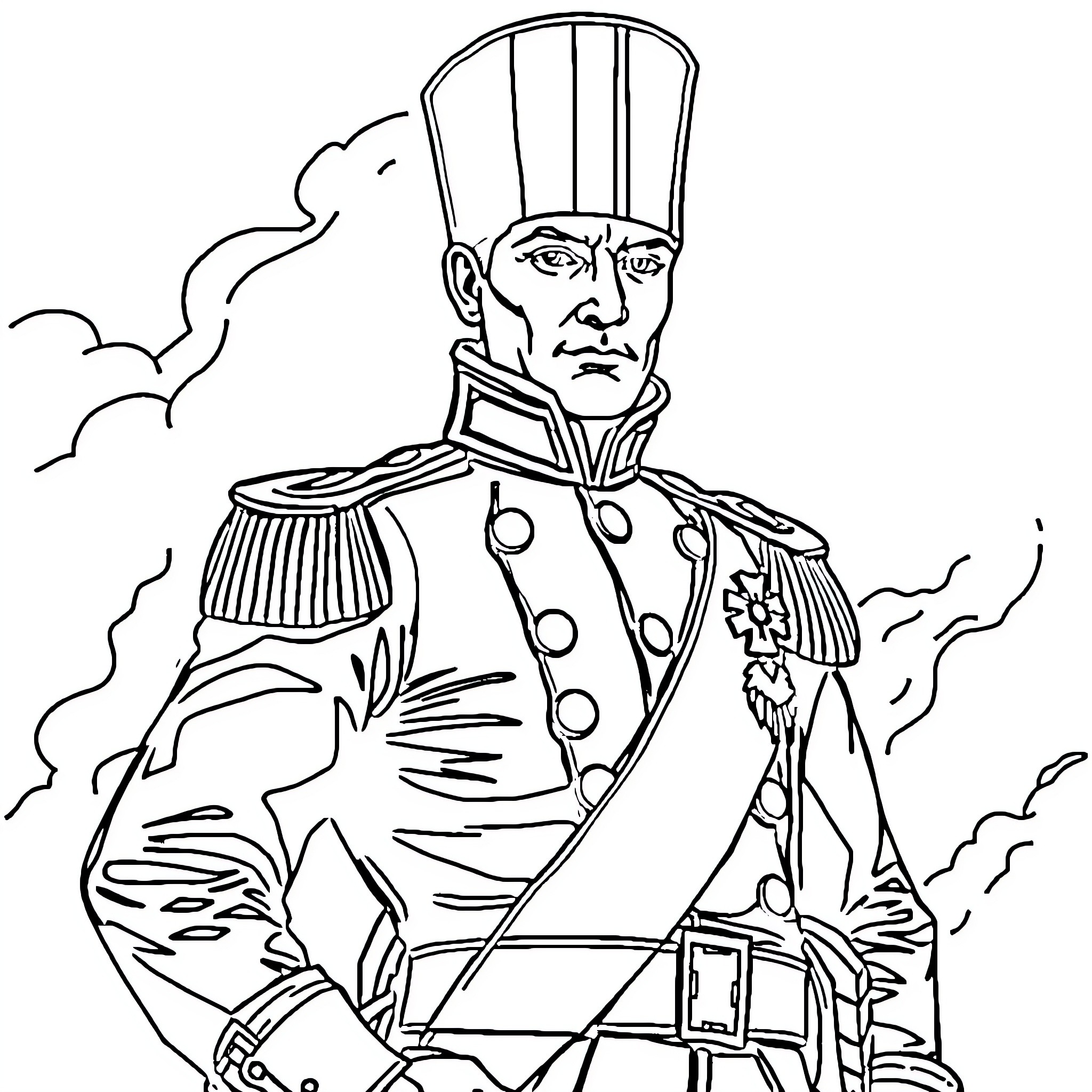 Napoleon in Commanding Uniform and Pose Coloring Page (free black-and-white line drawing printable PDF for all, from beginners to advanced learners, including children, teens, adults, and seniors)