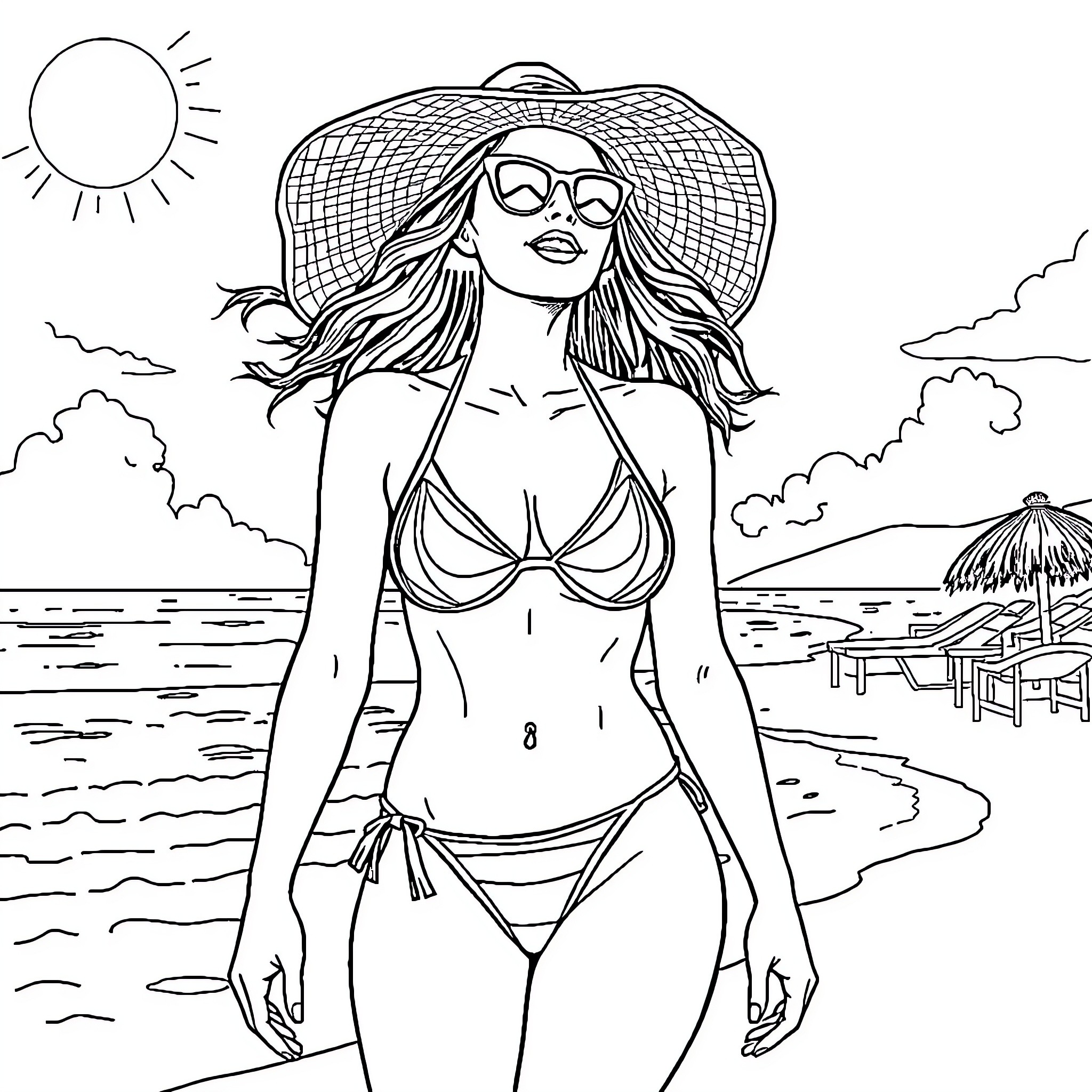 Bikini Woman Enjoying the Beach Scenery Coloring Page (free black-and-white line drawing printable PDF for all, from beginners to advanced learners, including children, teens, adults, and seniors)