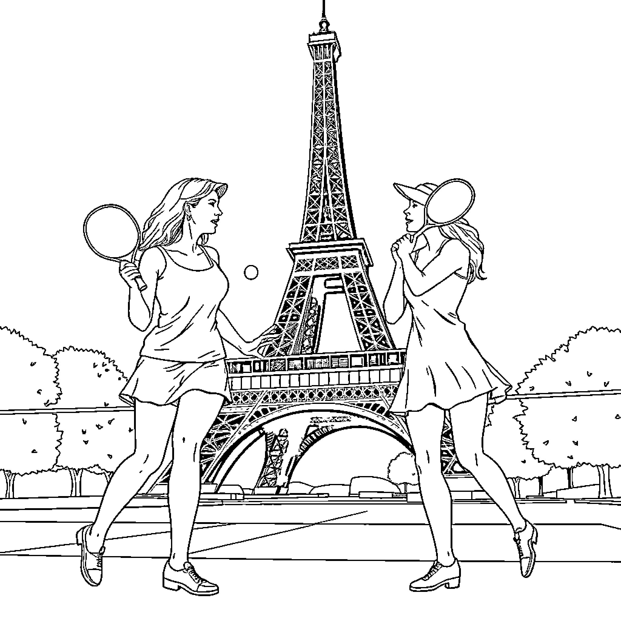 Lady tourists exploring the Eiffel Tower Coloring Page (free black-and-white line drawing printable PDF for all, from beginners to advanced learners, including children, teens, adults, and seniors)