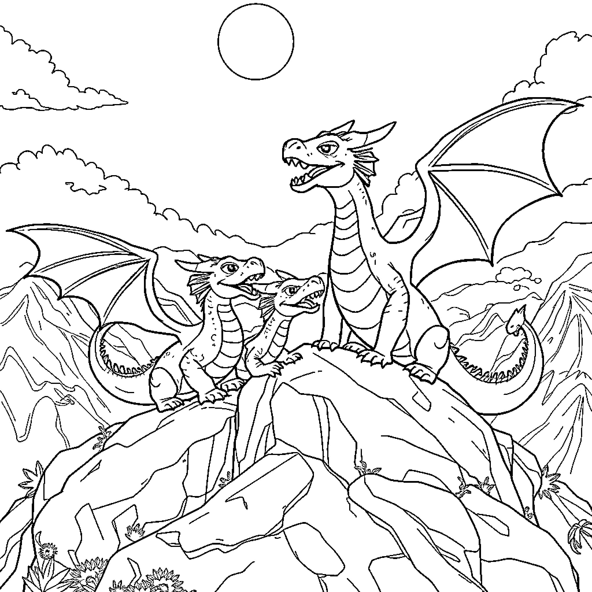 Dragon family soaring in the sky above the mountains Coloring Page (free black-and-white line drawing printable PDF for all, from beginners to advanced learners, including children, teens, adults, and seniors)