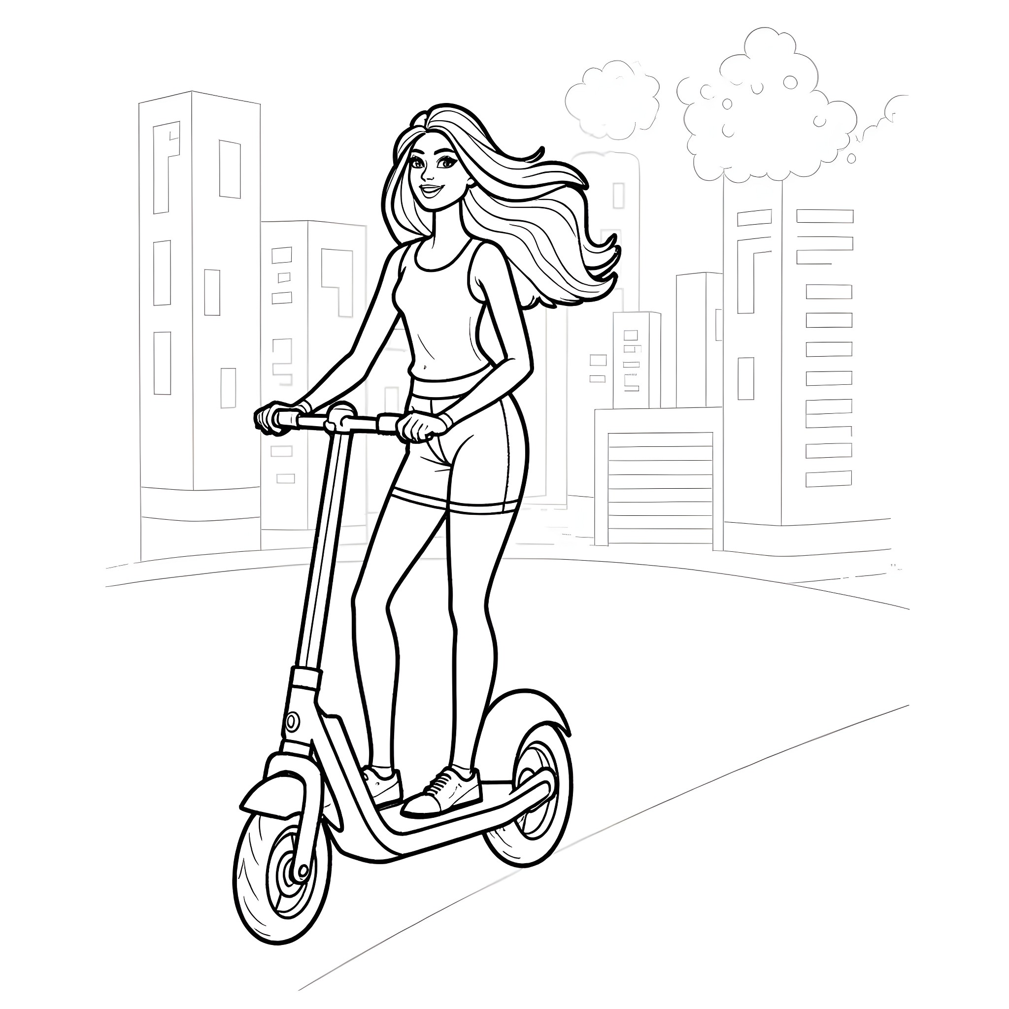 Barbie riding electric scooter in the city Coloring Page (free black-and-white line drawing printable PDF for all, from beginners to advanced learners, including children, teens, adults, and seniors)