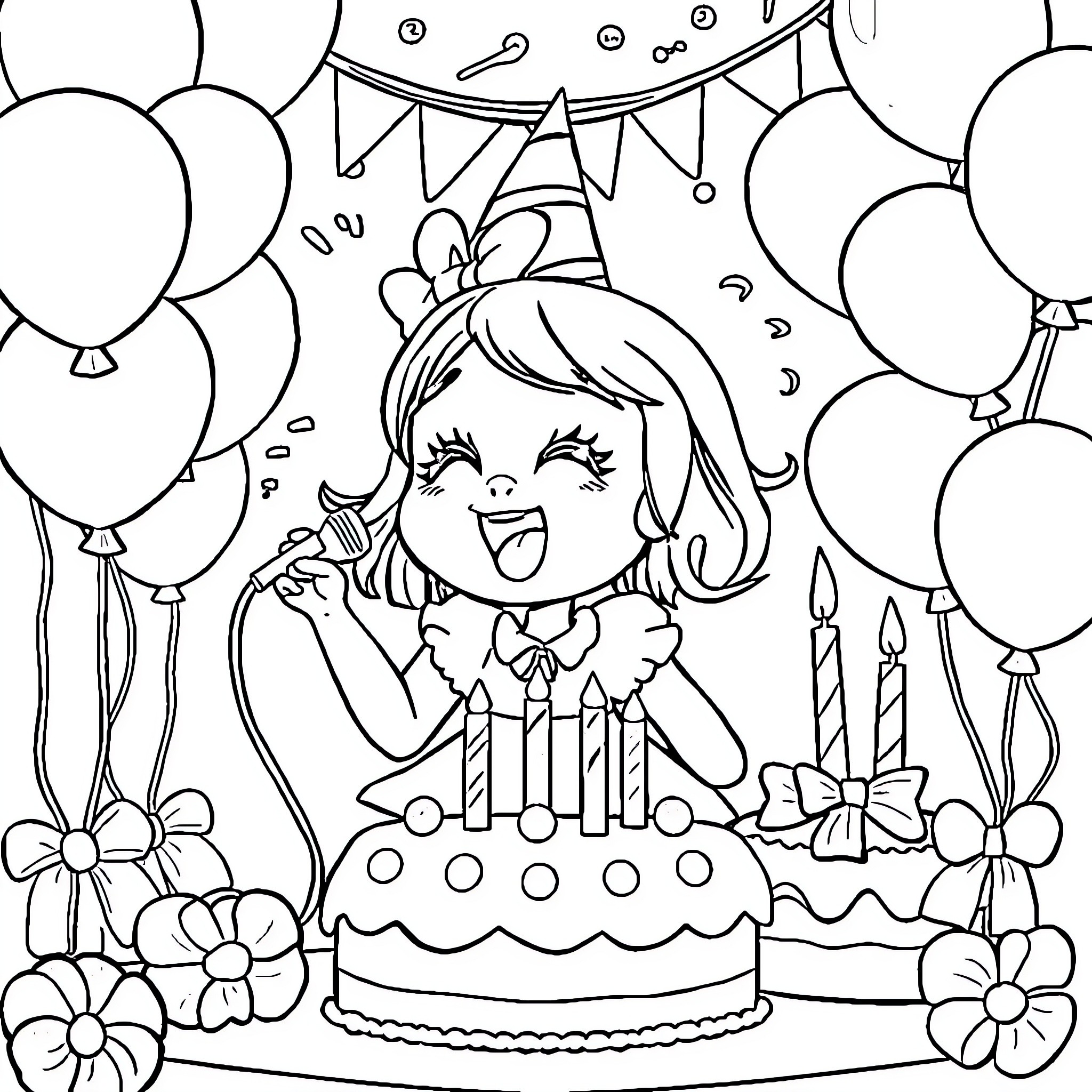 Melody's Joyful Birthday Celebration Coloring Page (free black-and-white line drawing printable PDF for all, from beginners to advanced learners, including children, teens, adults, and seniors)