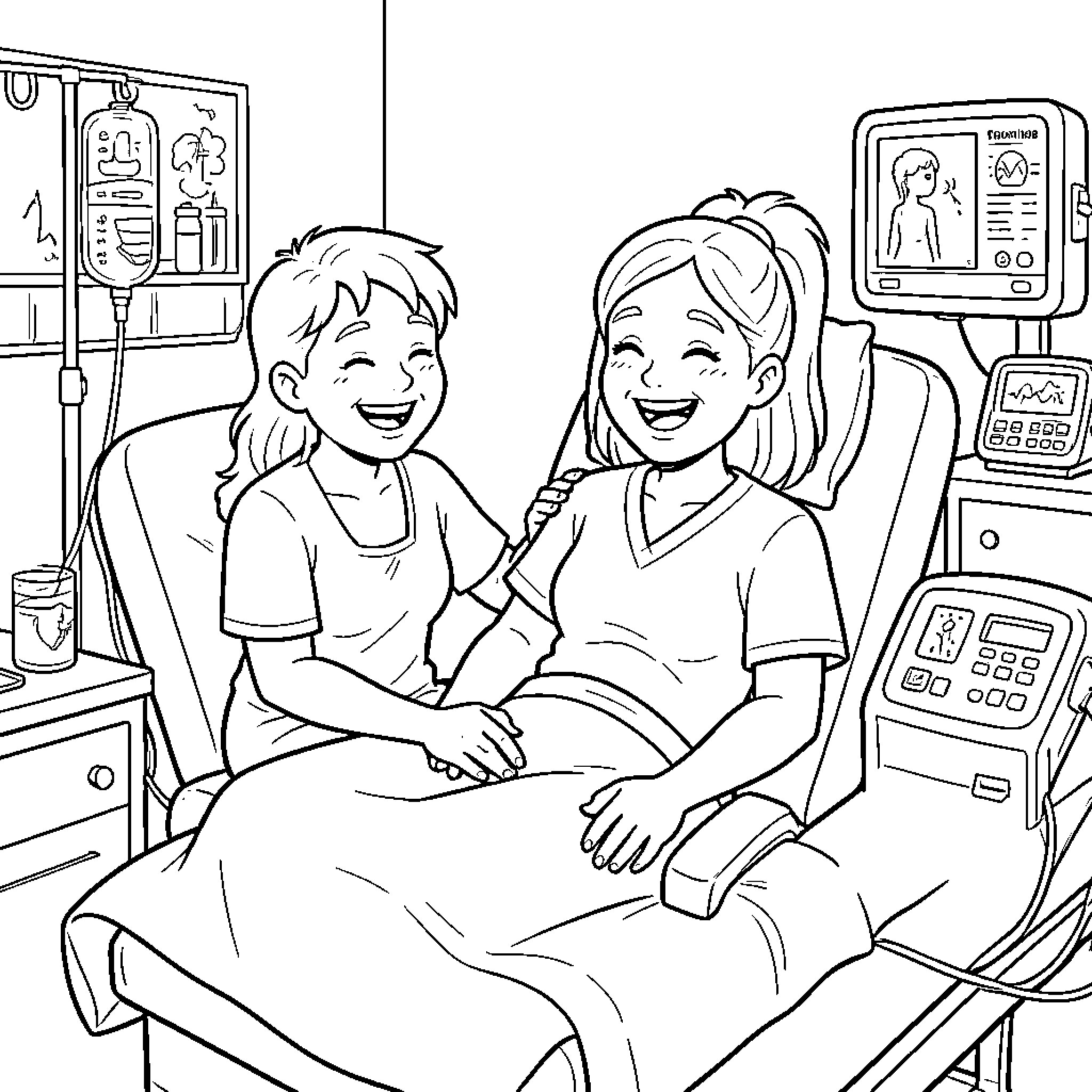 Chemotherapy patient laughing joyfully with a supportive friend Coloring Page (free black-and-white line drawing printable PDF for all, from beginners to advanced learners, including children, teens, adults, and seniors)