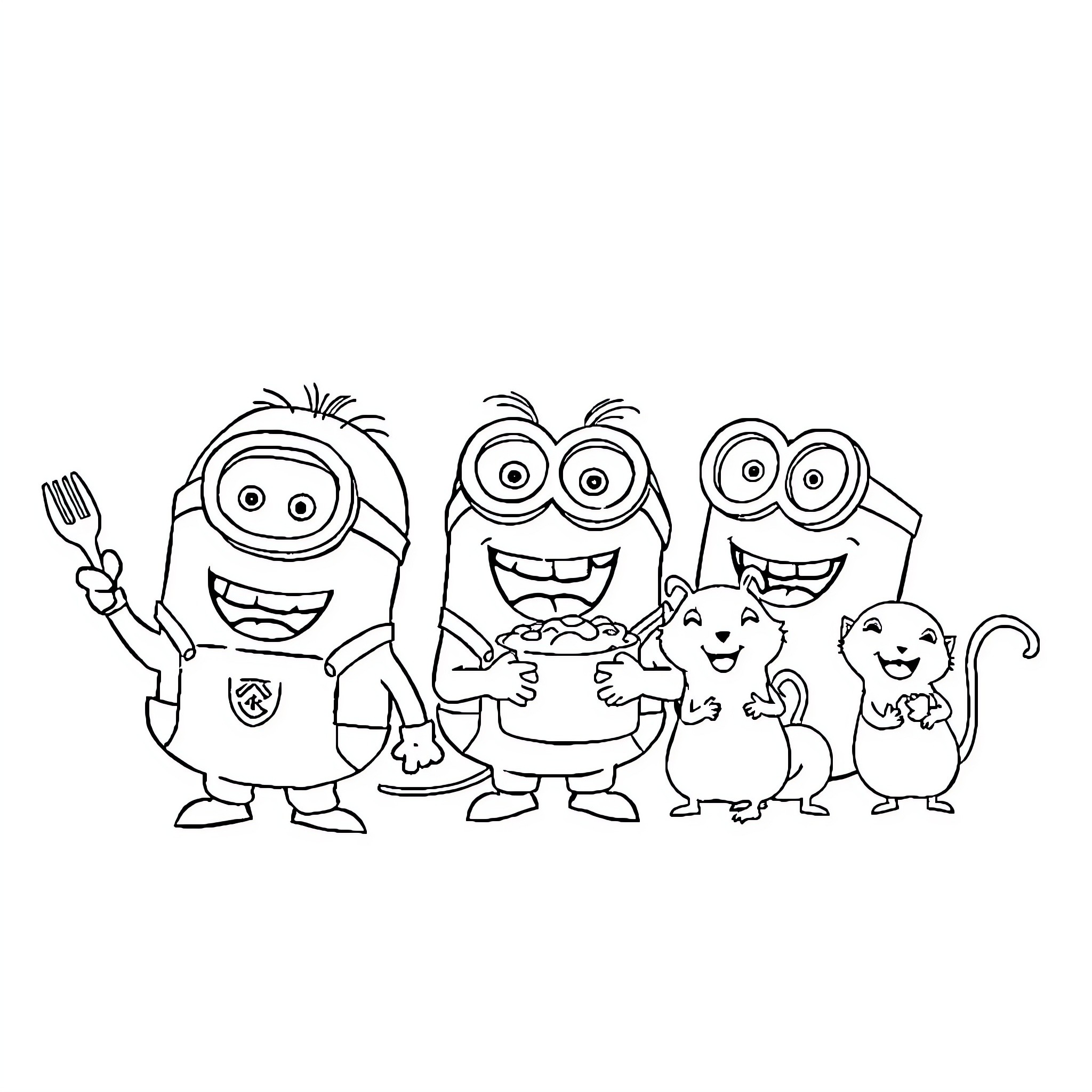 Minions and their animal companions in a fun pose Coloring Page (free black-and-white line drawing printable PDF for all, from beginners to advanced learners, including children, teens, adults, and seniors)