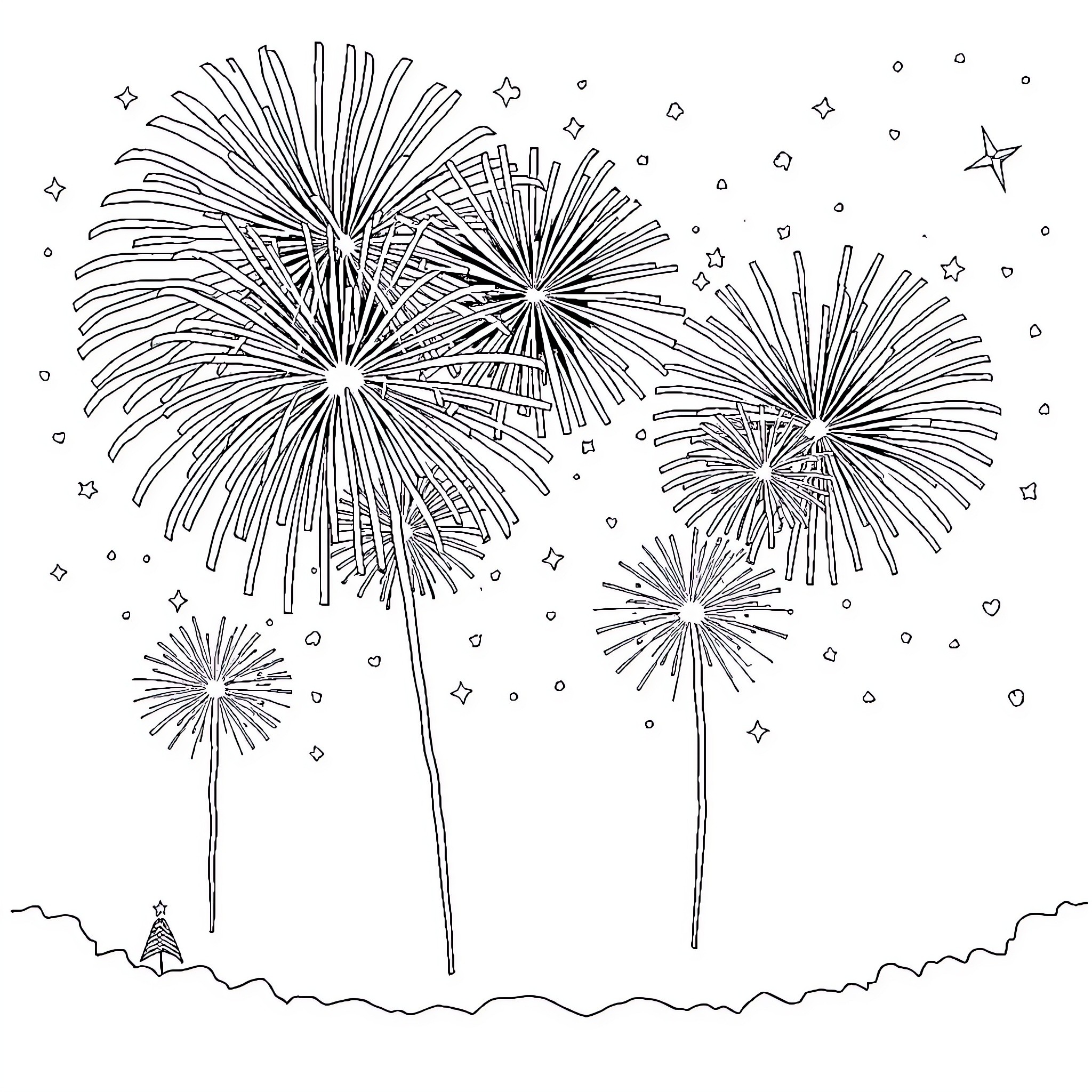 4th Of July Fireworks Celebration Coloring Page (free black-and-white line drawing printable PDF for all, from beginners to advanced learners, including children, teens, adults, and seniors)
