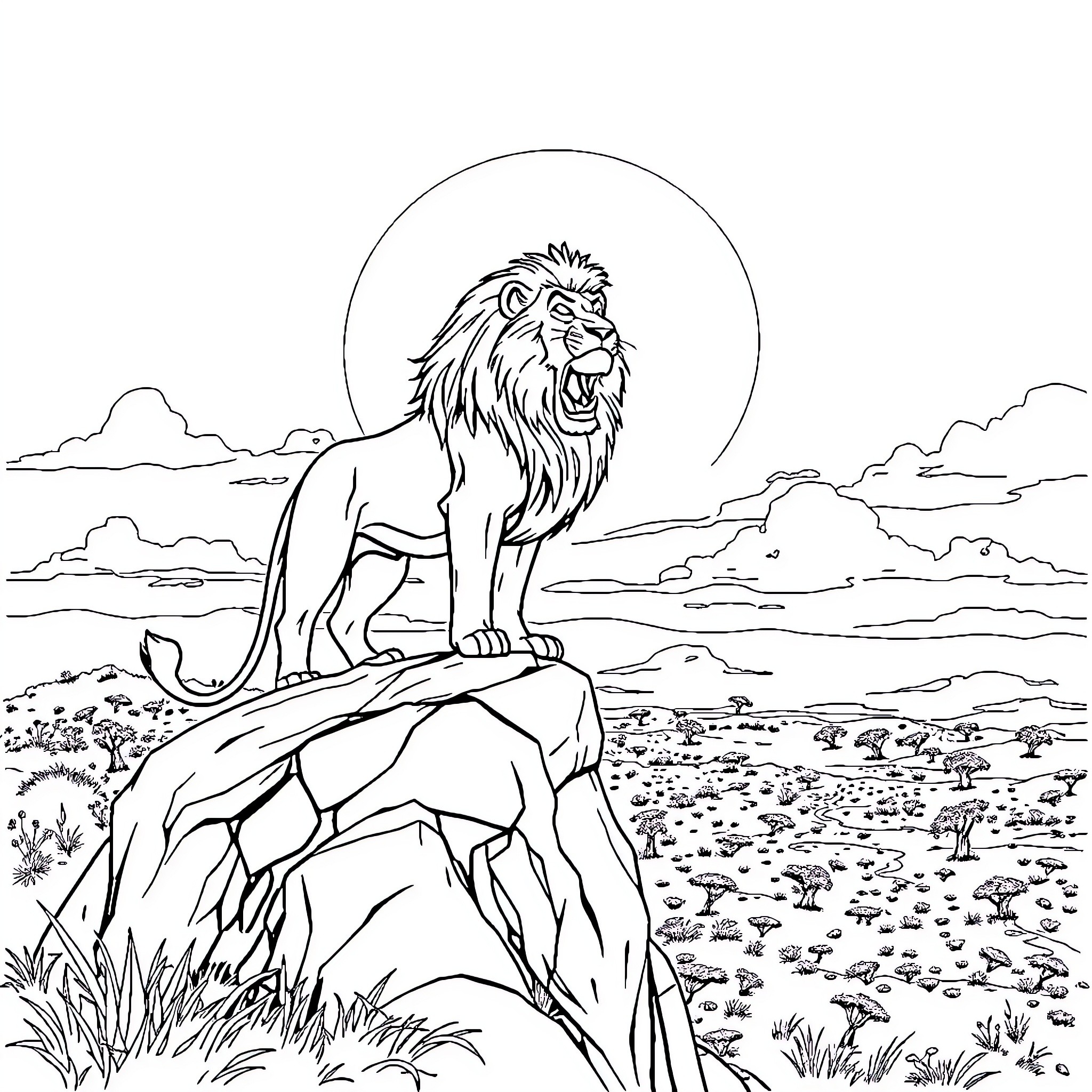 Lion Standing Majestically on a Rocky Outcrop Coloring Page (free black-and-white line drawing printable PDF for all, from beginners to advanced learners, including children, teens, adults, and seniors)