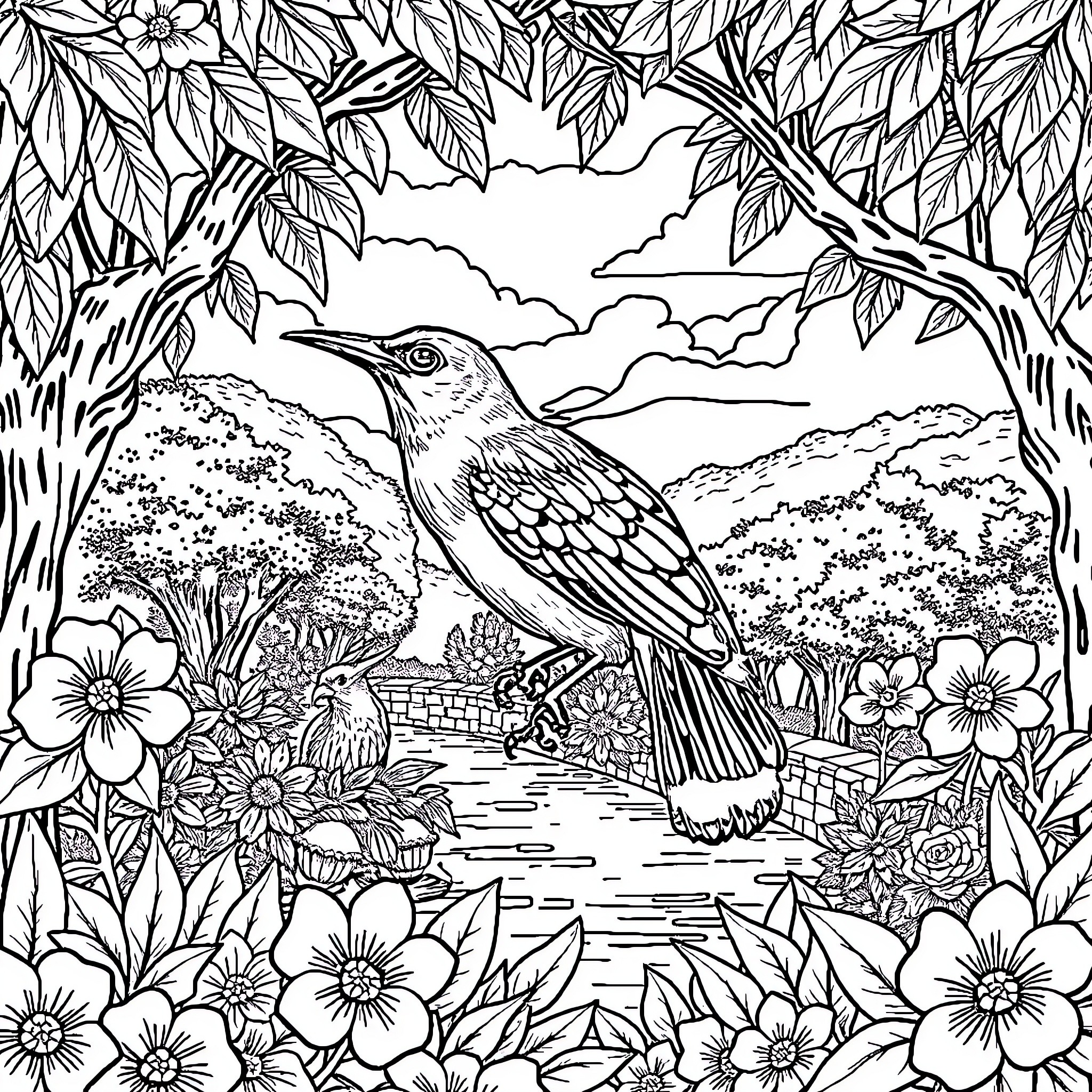 Gilbertona: Intricate Bird and Floral Scene Coloring Page (free black-and-white line drawing printable PDF for all, from beginners to advanced learners, including children, teens, adults, and seniors)