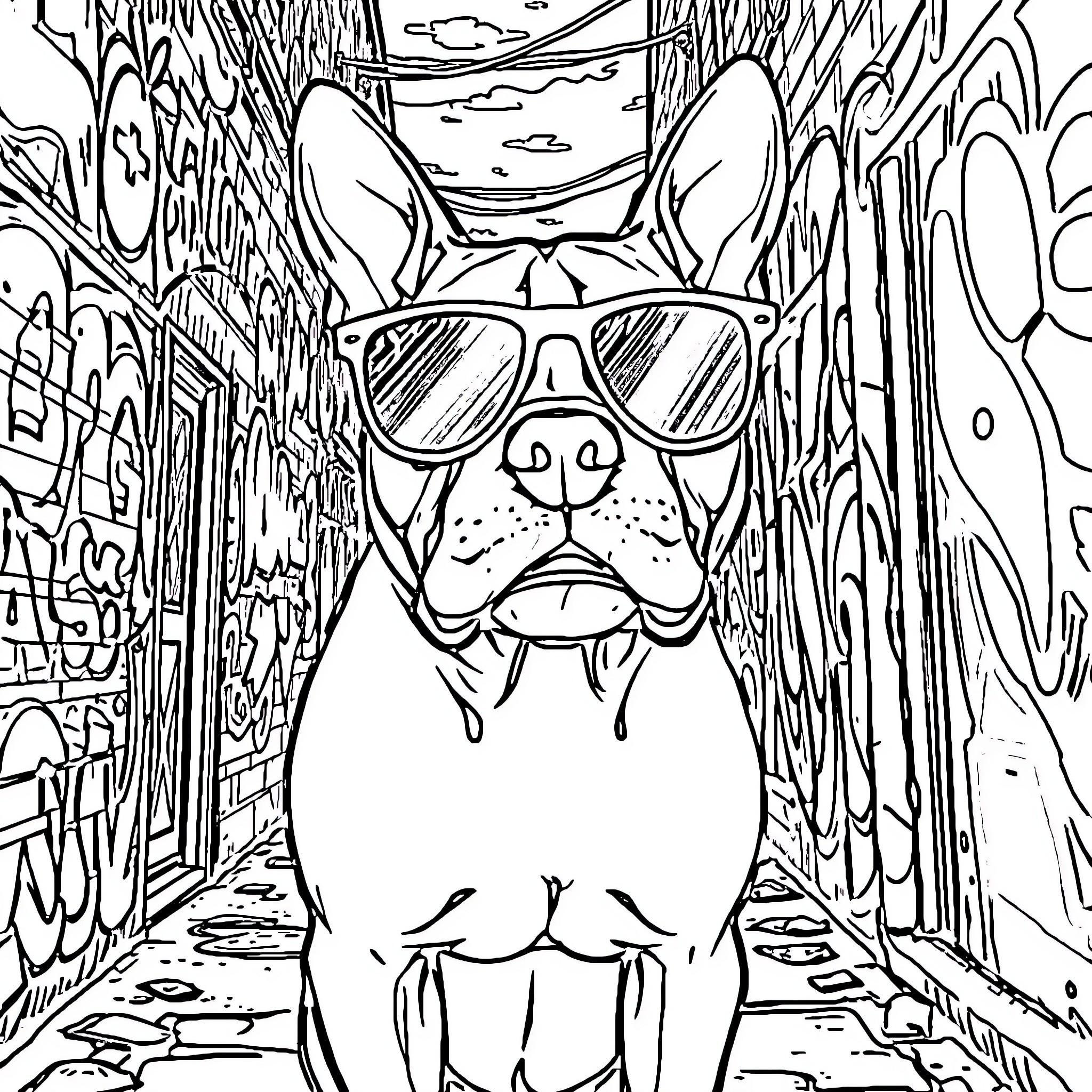 Pit Bull Sporting Cool Sunglasses in Graffiti Alley Coloring Page (free black-and-white line drawing printable PDF for all, from beginners to advanced learners, including children, teens, adults, and seniors)