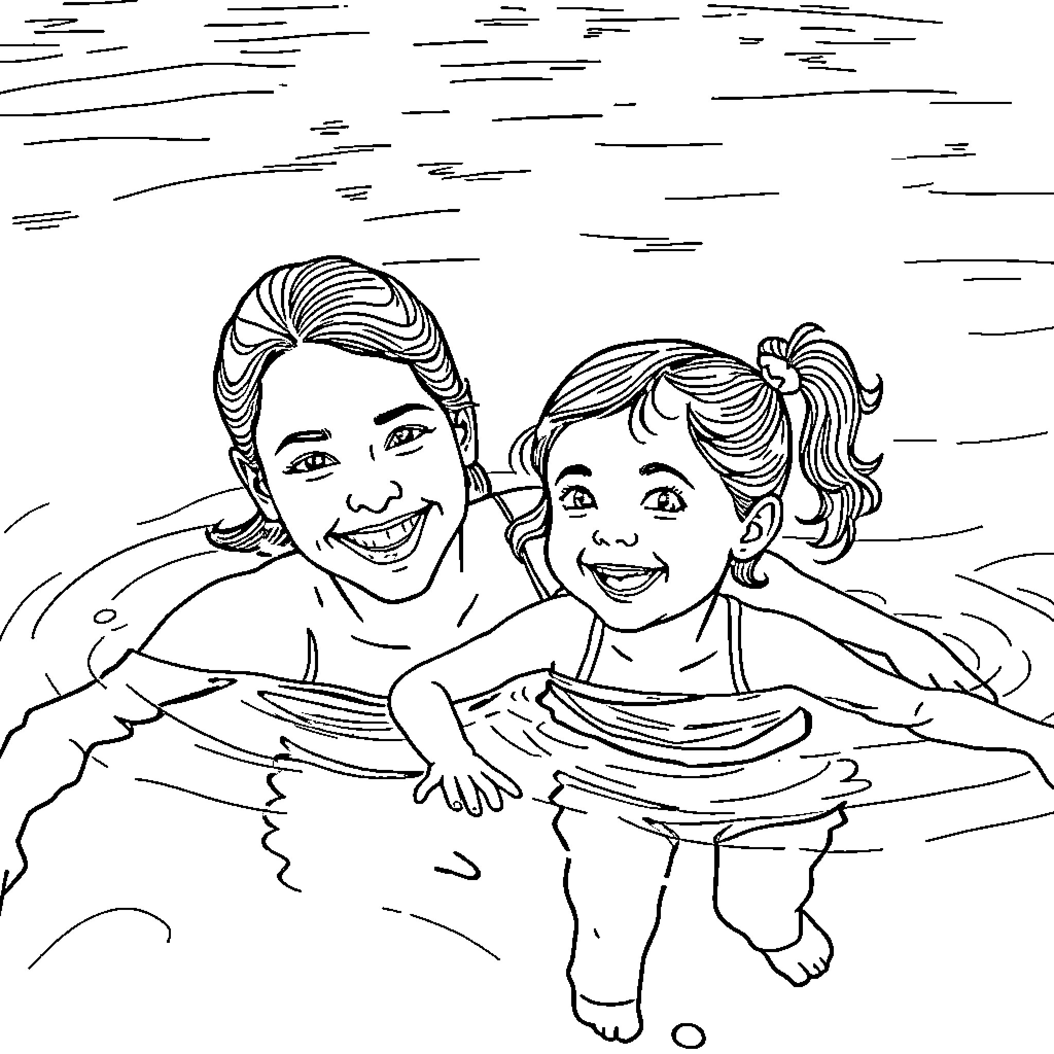 Woman playing with daughter in water Coloring Page (free black-and-white line drawing printable PDF for all, from beginners to advanced learners, including children, teens, adults, and seniors)