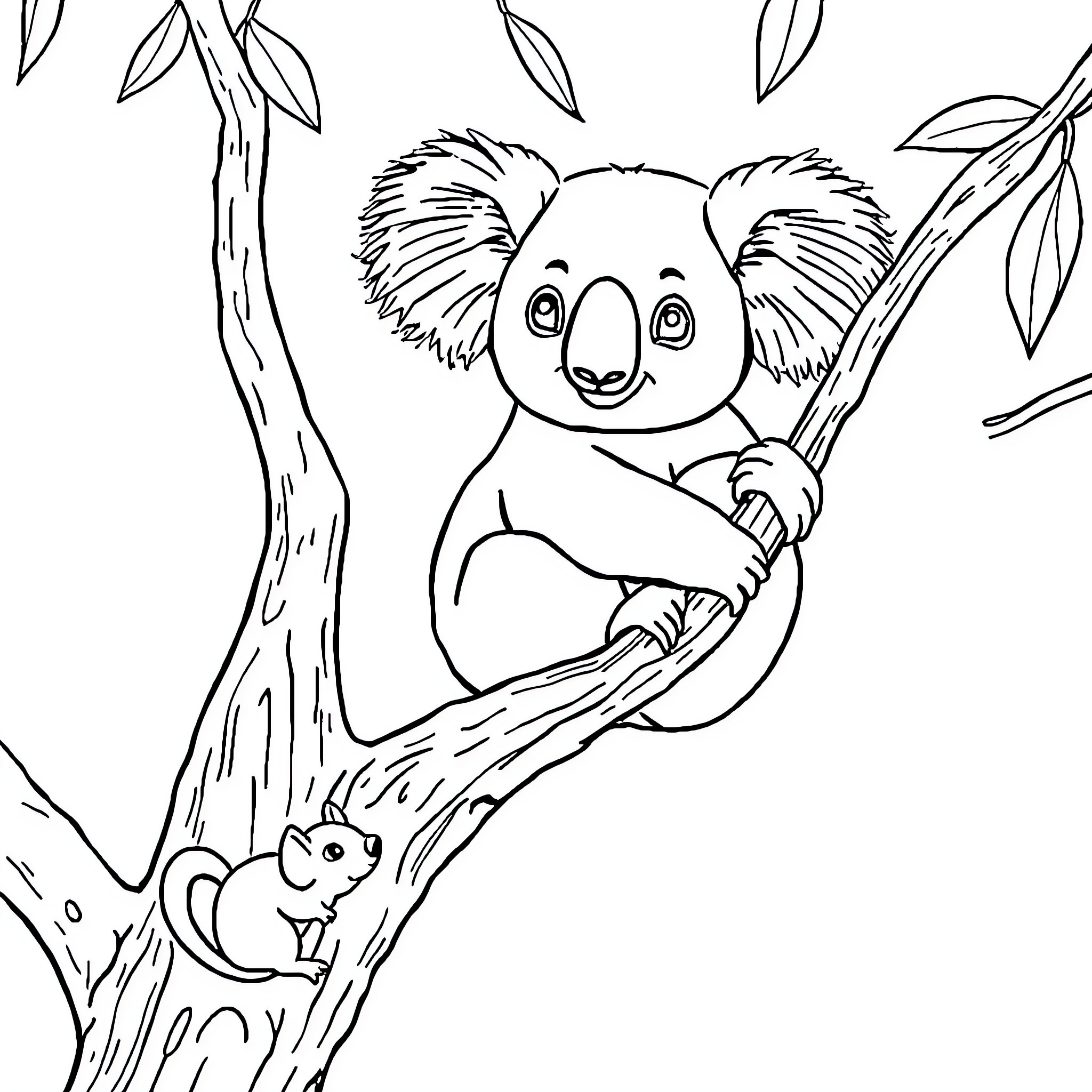 Koala resting peacefully in a tree Coloring Page (free black-and-white line drawing printable PDF for all, from beginners to advanced learners, including children, teens, adults, and seniors)