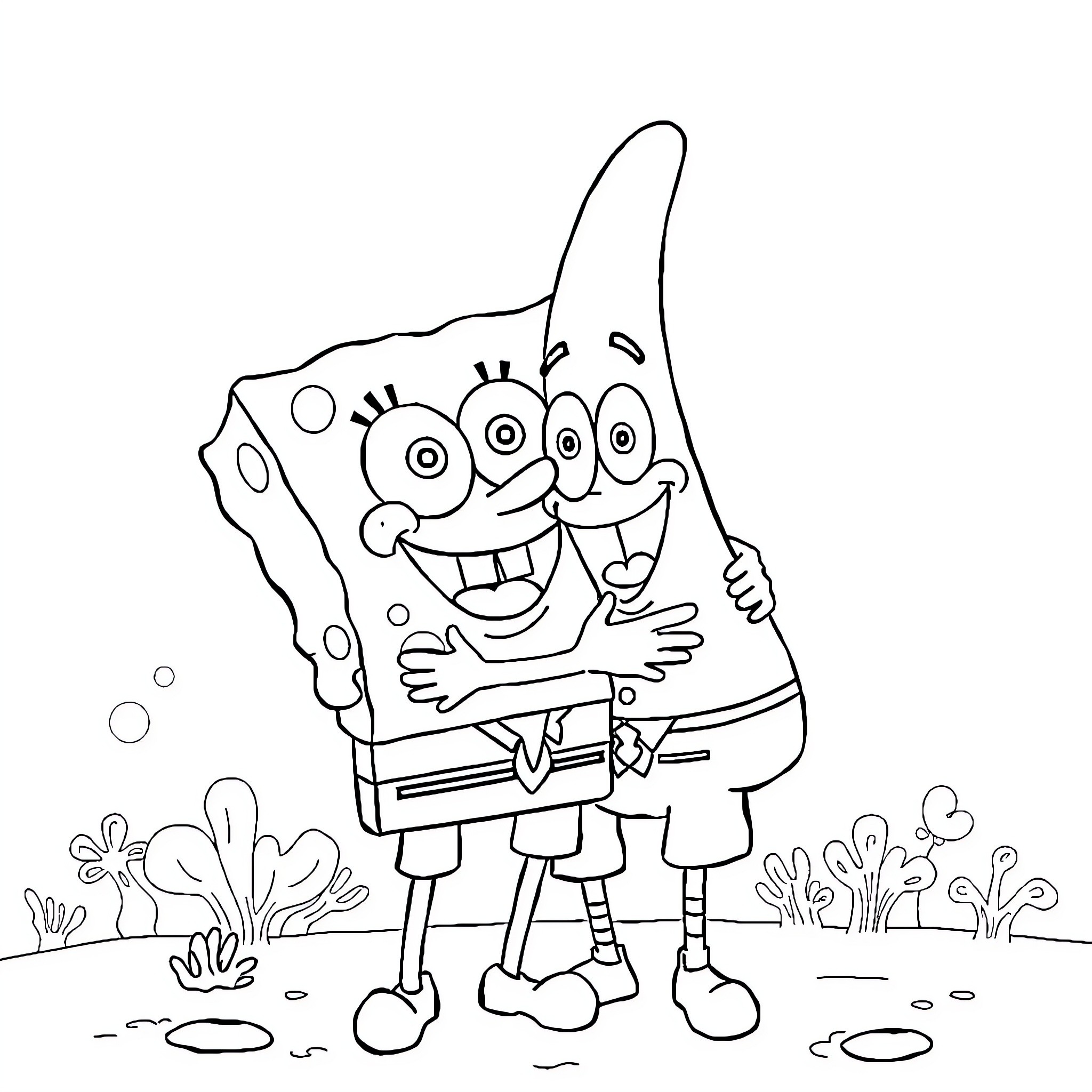 Spongebob having a jolly expression outdoors Coloring Page (free black-and-white line drawing printable PDF for all, from beginners to advanced learners, including children, teens, adults, and seniors)