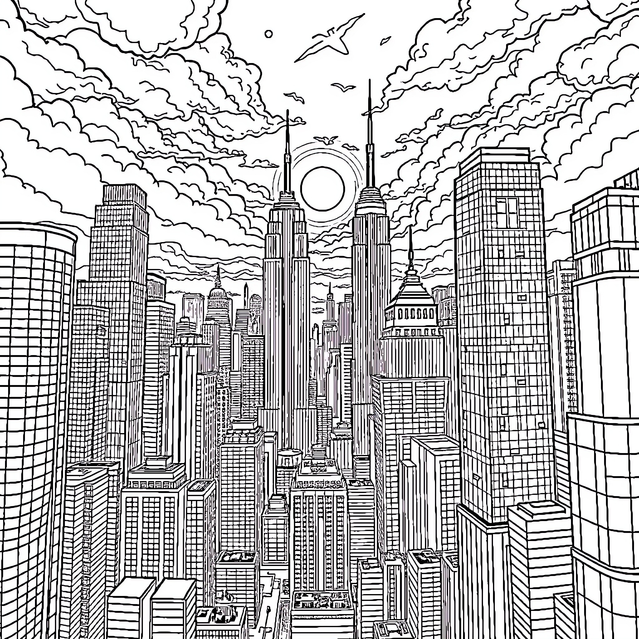 City skyline with towering skyscrapers and dramatic clouds Coloring Page (free black-and-white line drawing printable PDF for all, from beginners to advanced learners, including children, teens, adults, and seniors)