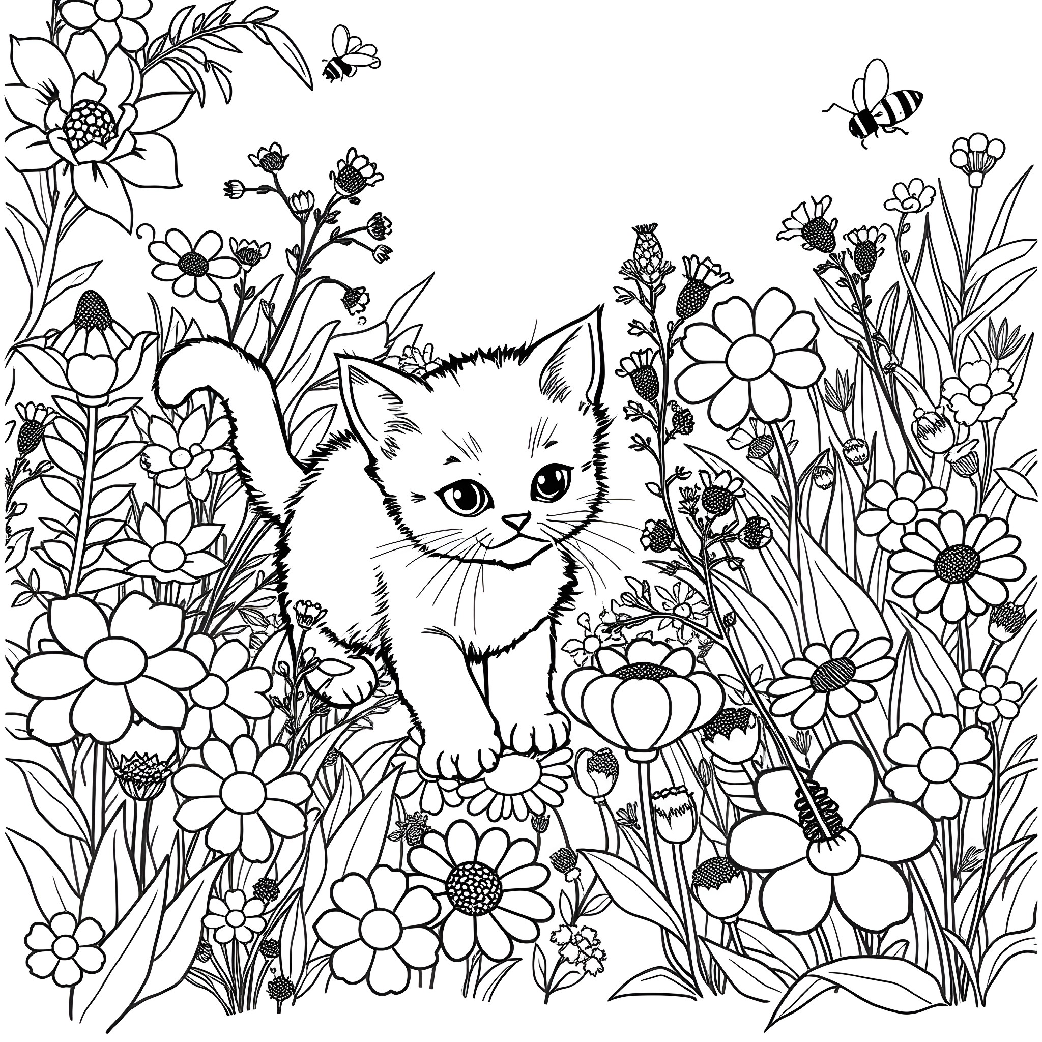 Kitten in the Floral Garden Coloring Page (free black-and-white line drawing printable PDF for all, from beginners to advanced learners, including children, teens, adults, and seniors)
