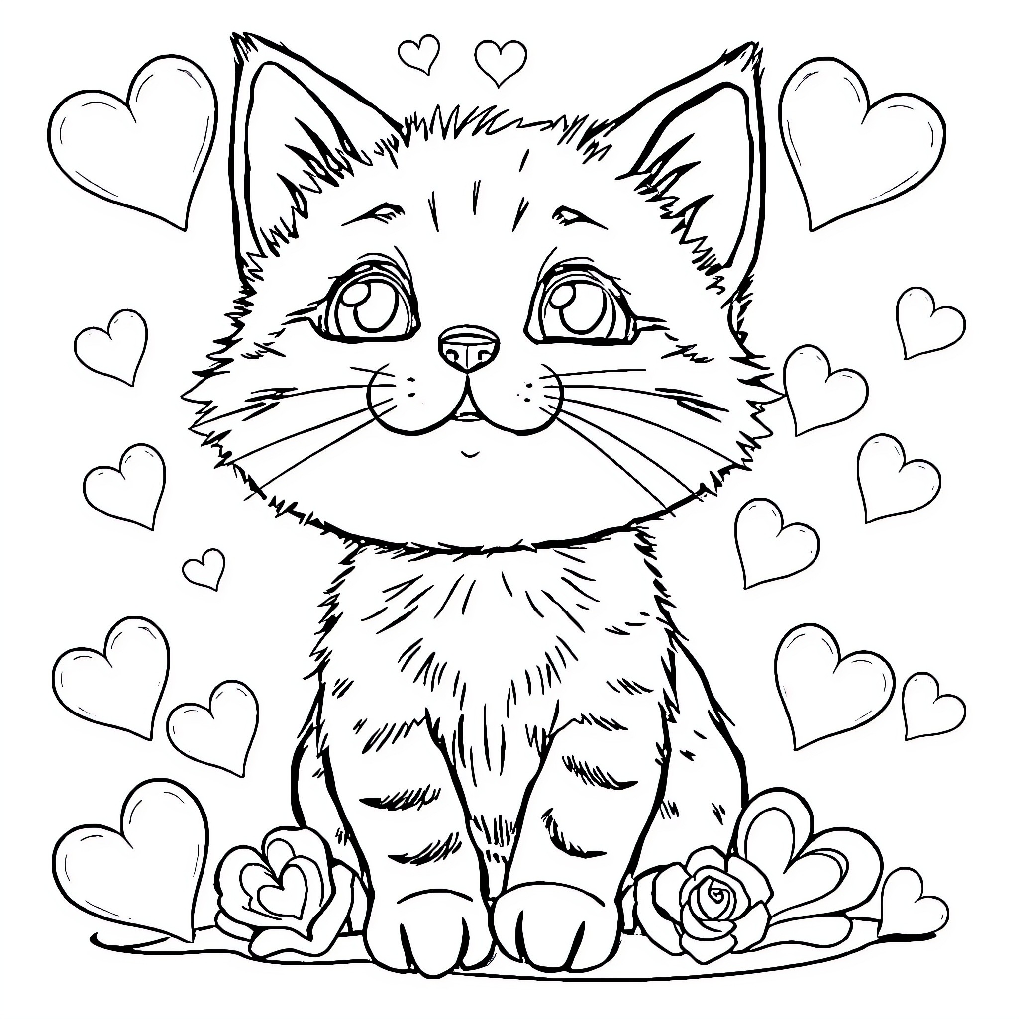 Cat Surrounded by Hearts and Flowers Coloring Page (free black-and-white line drawing printable PDF for all, from beginners to advanced learners, including children, teens, adults, and seniors)