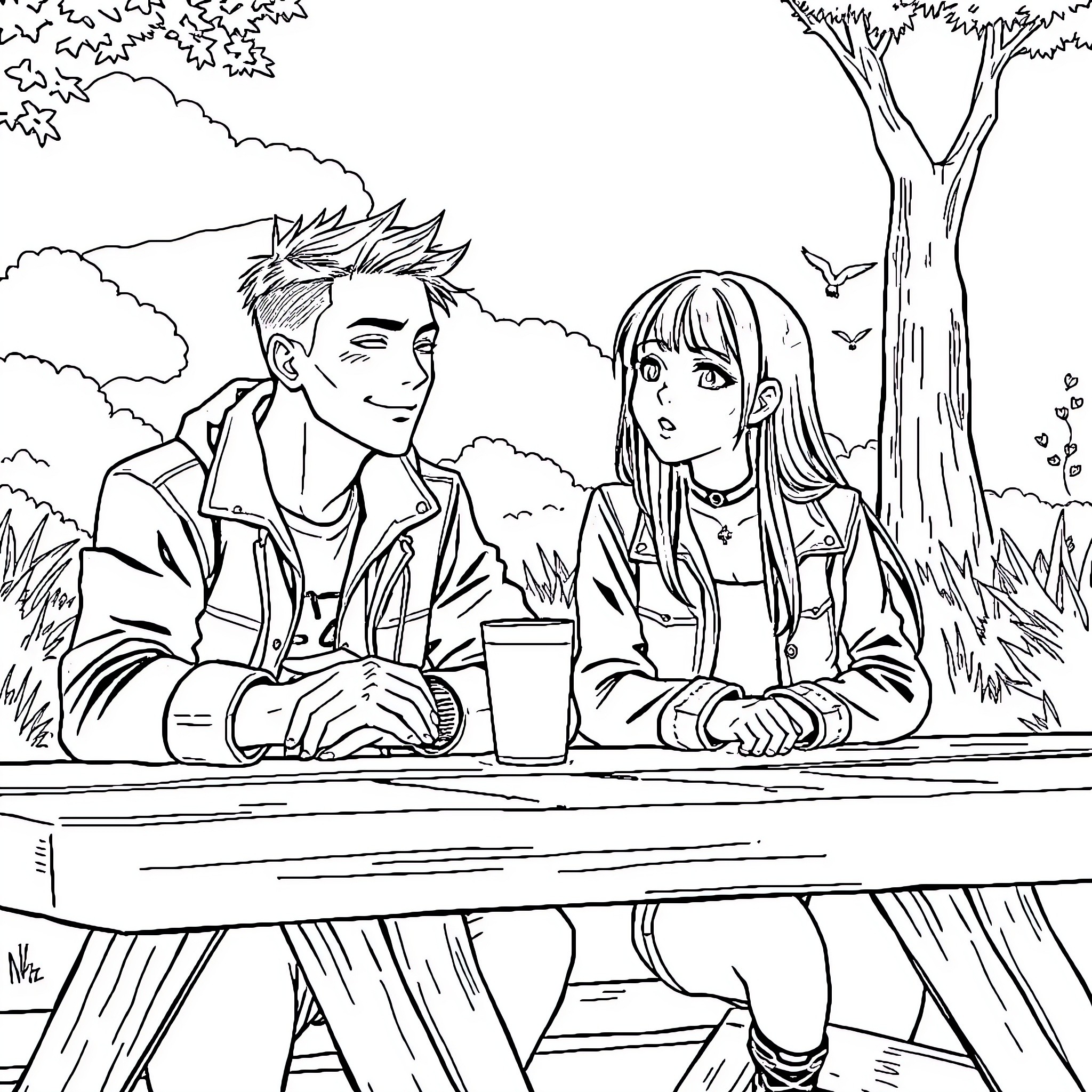 Man and woman enjoying coffee outdoors Coloring Page (free black-and-white line drawing printable PDF for all, from beginners to advanced learners, including children, teens, adults, and seniors)